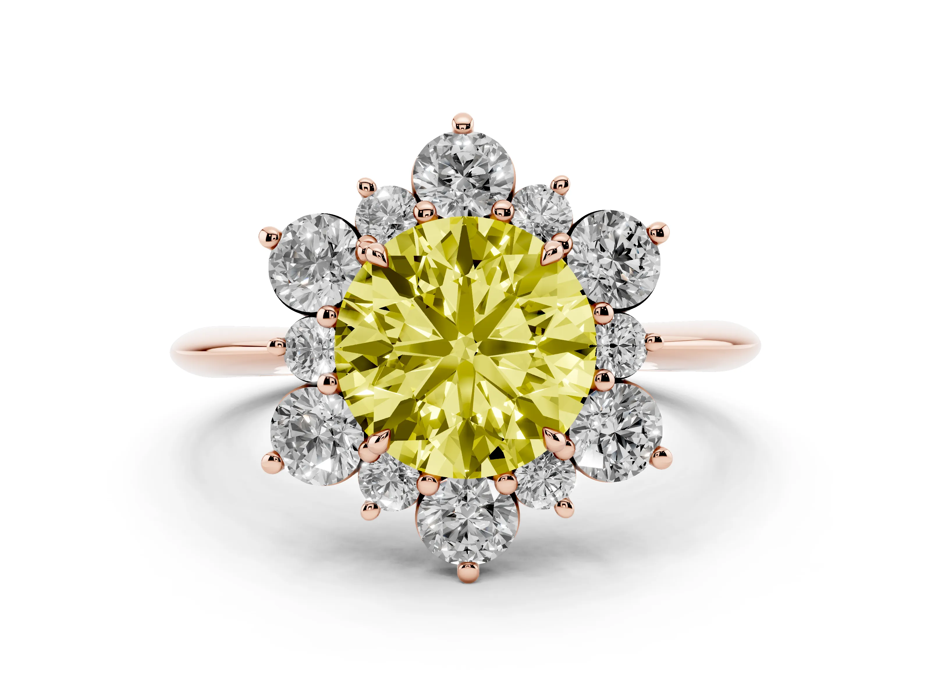 Fancy Yellow Round Cut Diamond Cluster Halo Ring Set in Rose gold with Solitaire Band and Prong Setting