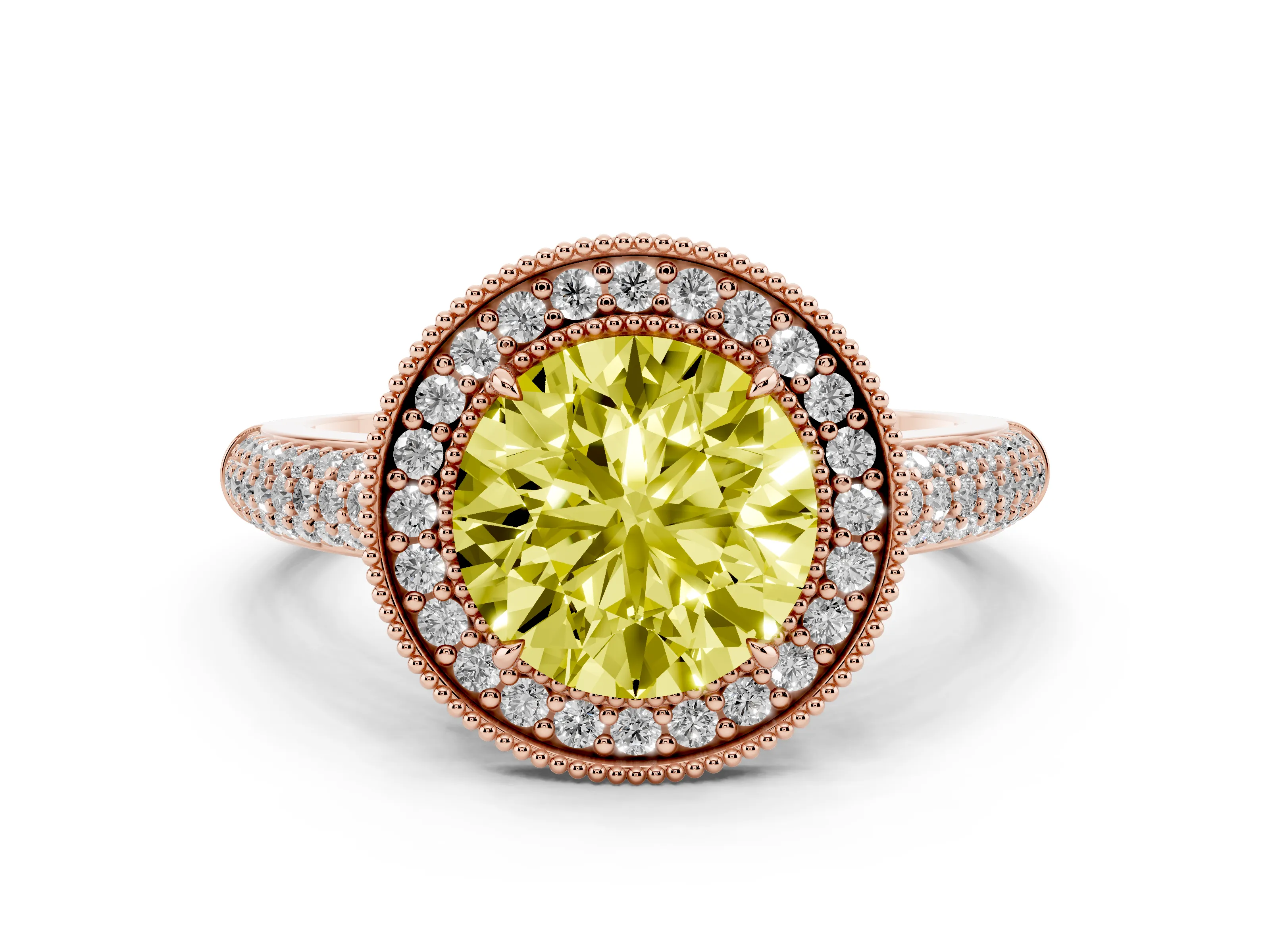 Fancy Yellow Round Cut Diamond Halo Pavé Band Set in Rose gold with Prong Setting