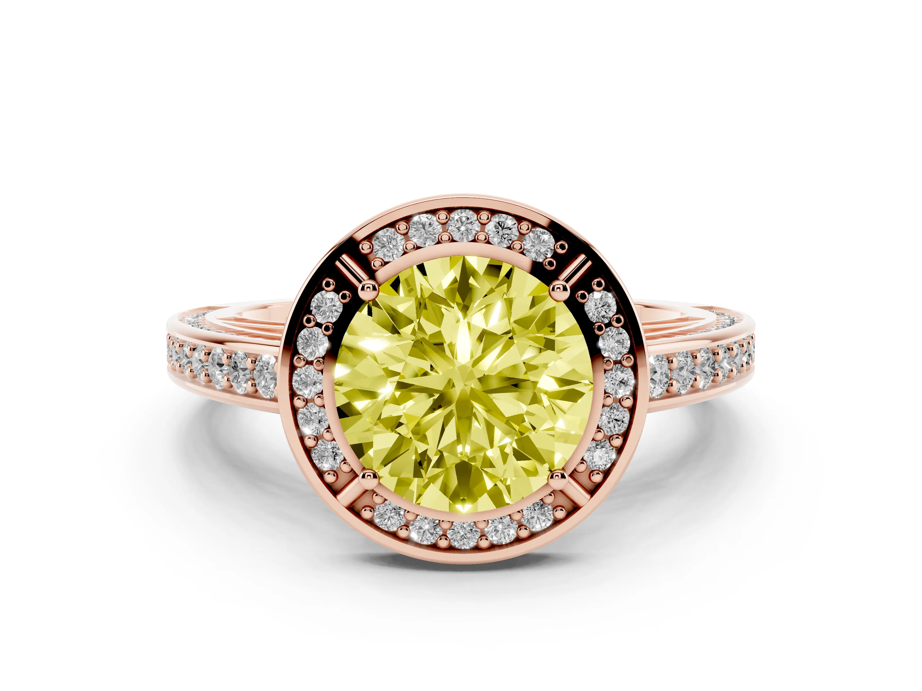 Fancy Yellow Round Cut Diamond Halo Pavé Split Shank Ring Set in Rose gold with Prong Setting