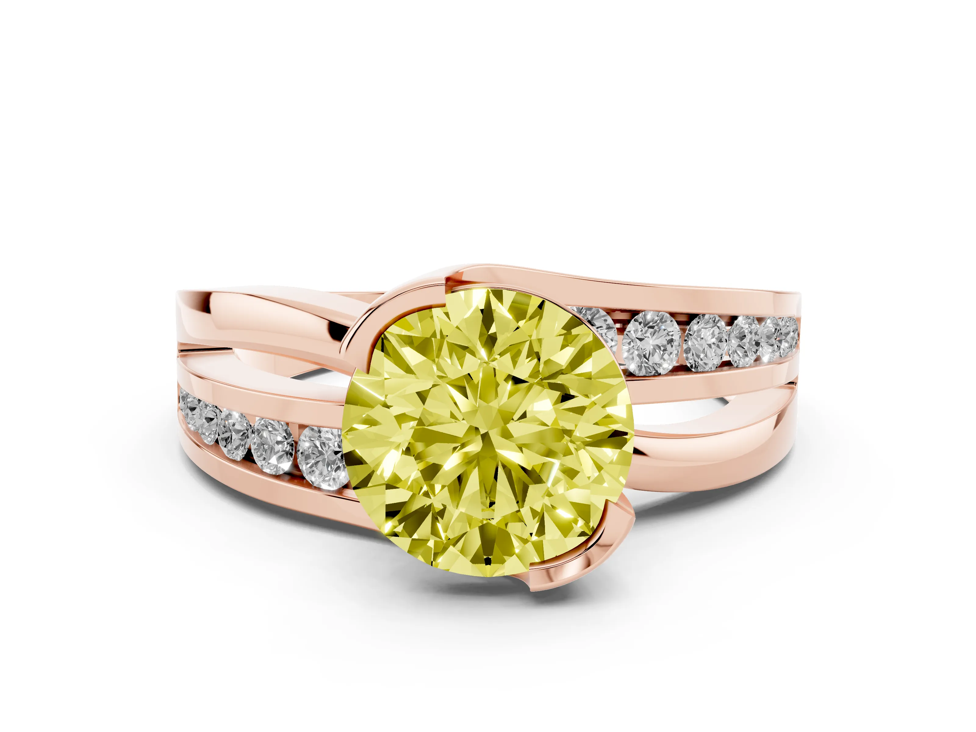 Fancy Yellow Round Cut Diamond Solitaire Ring Set in Rose gold with Channel Set Split Shank and Tension Prongs