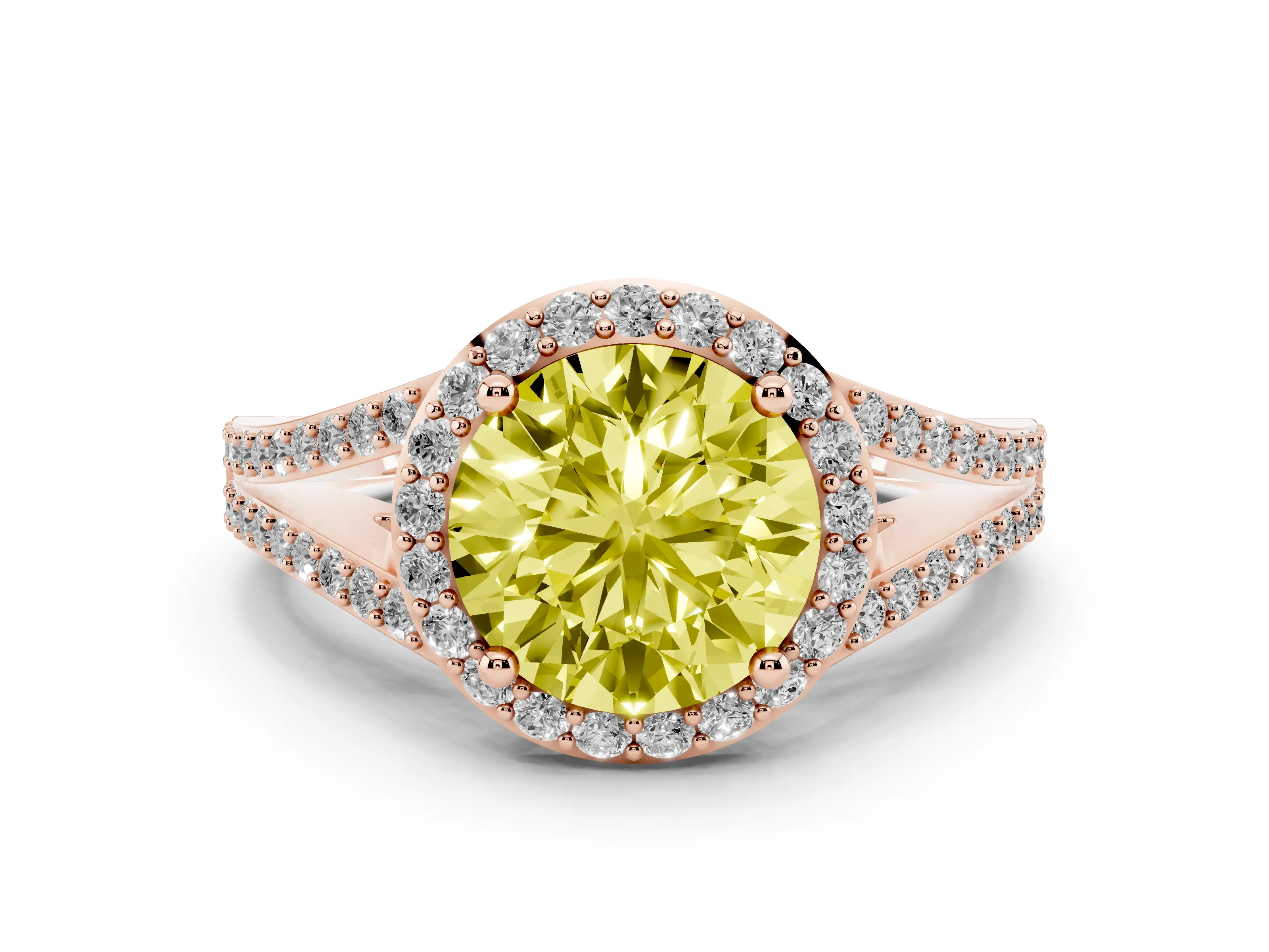Fancy Yellow Round Cut Diamond Halo Split Shank Pavé Ring Set in Rose gold with Prong Setting