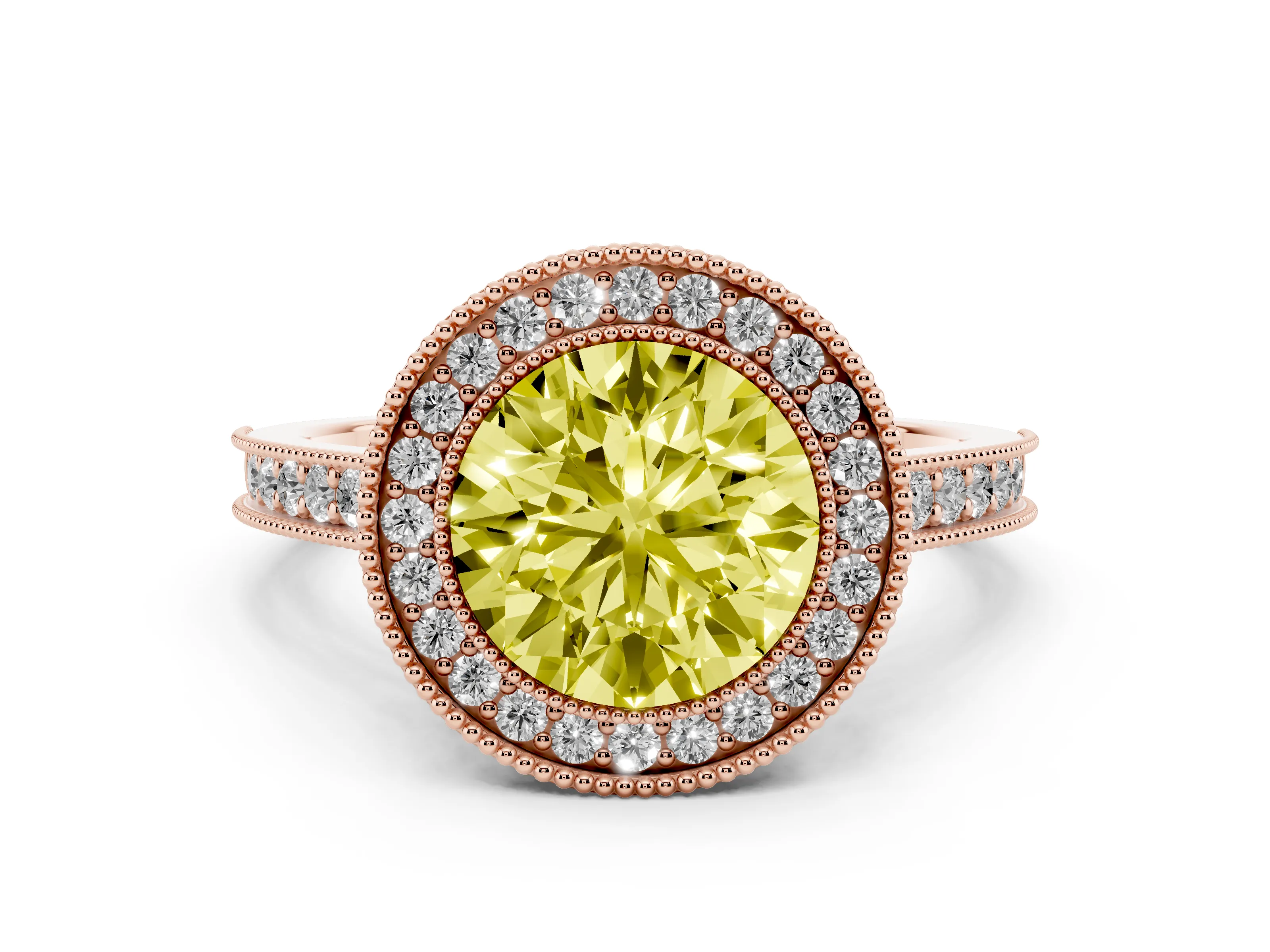 Fancy Yellow Round Cut Diamond Halo Milgrain Pavé Band Ring Set in Rose gold with Prong Setting