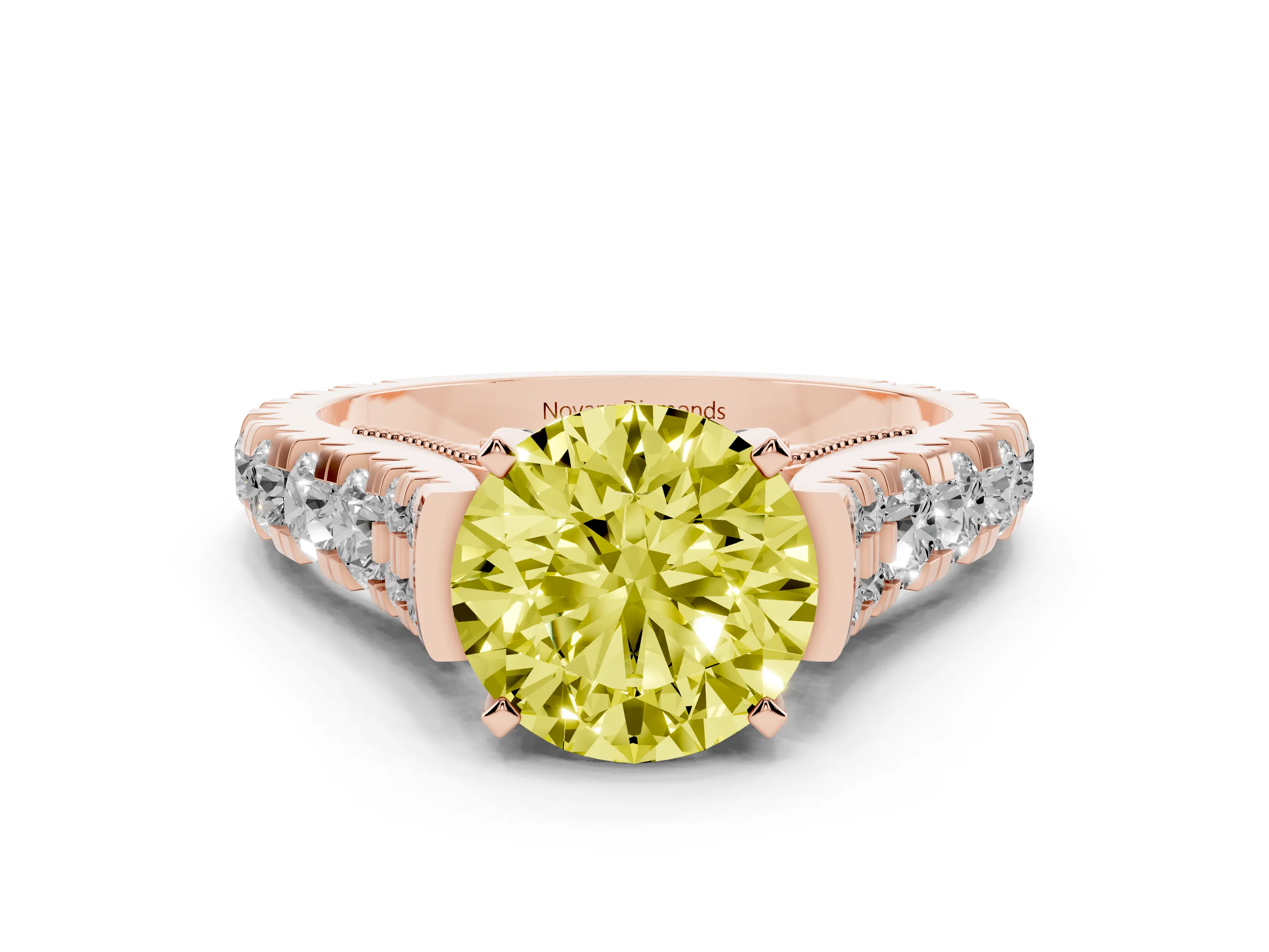 Fancy Yellow Round Cut Diamond Classic Solitaire Ring Set in Rose gold with Pavé Band and Prong Setting