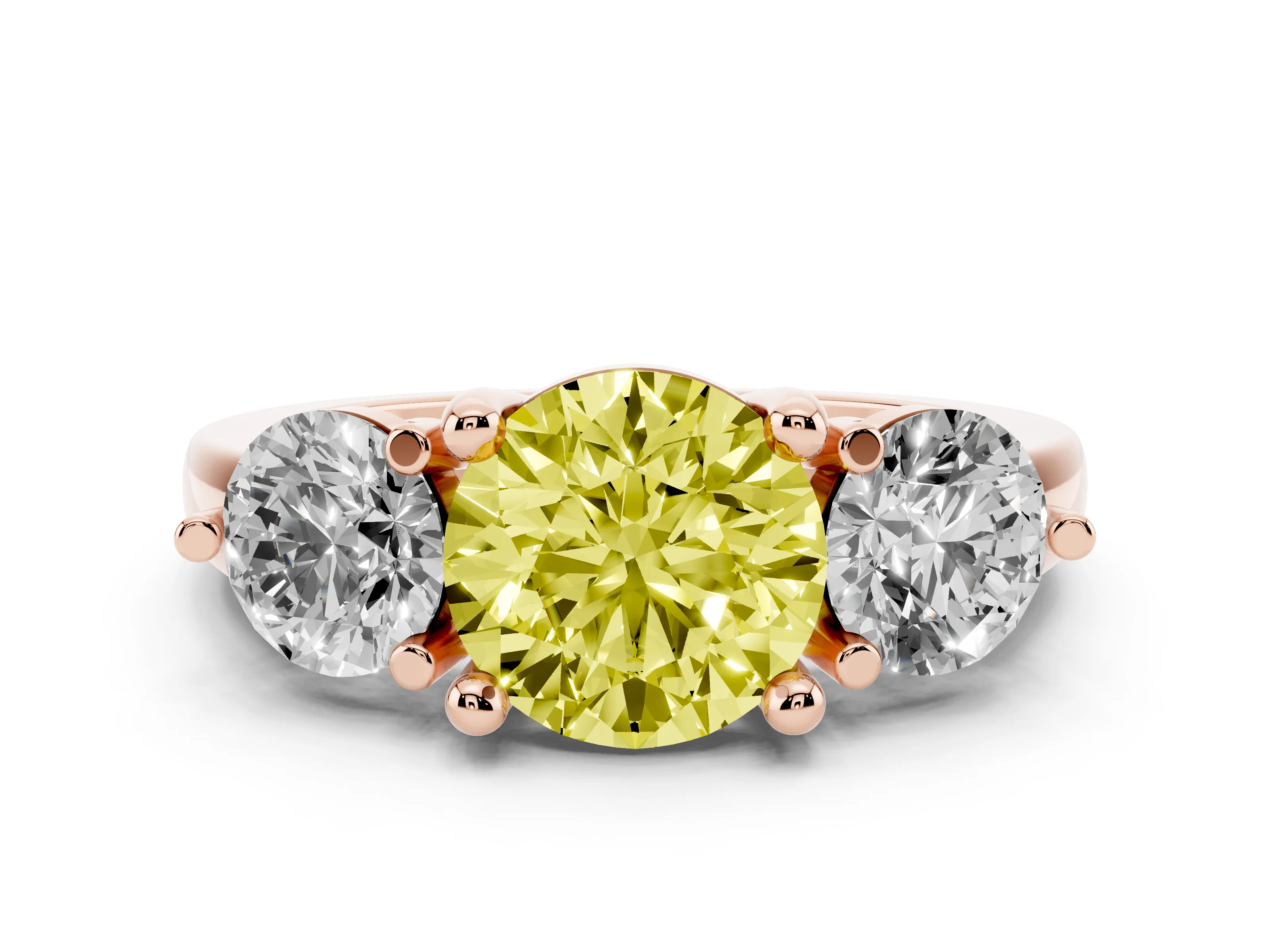 Fancy Yellow Round Cut Diamond Three-Stone Ring Set in Rose gold with Prong Setting and Classic Band