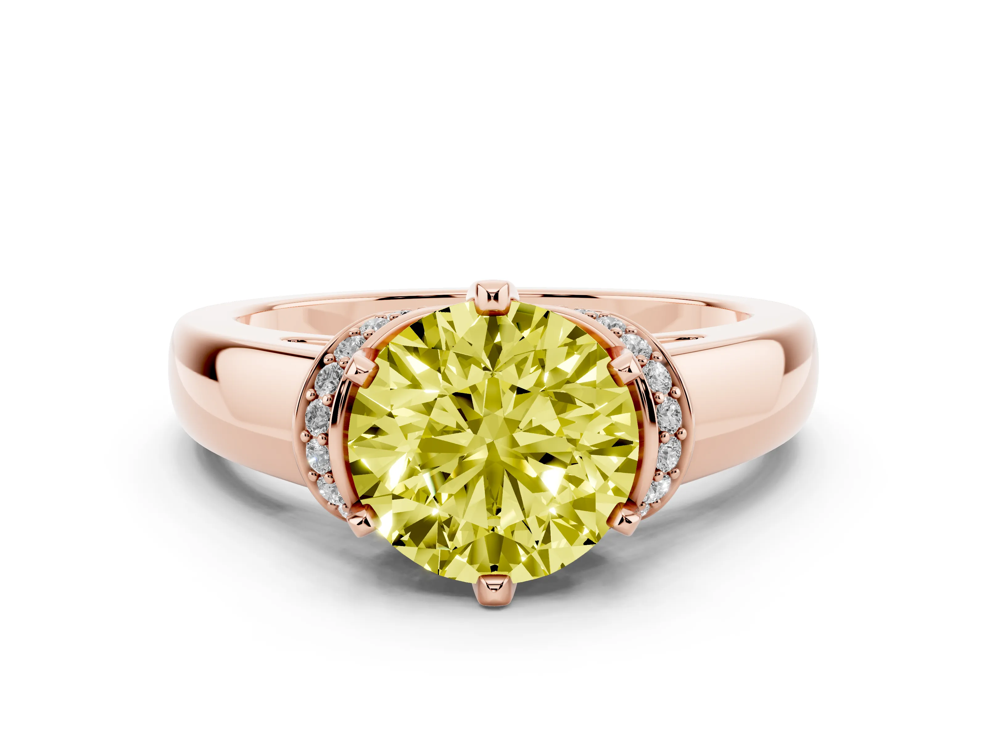 Fancy Yellow Round Cut Diamond Pavé Band Solitaire Ring Set in Rose gold with Prong Setting