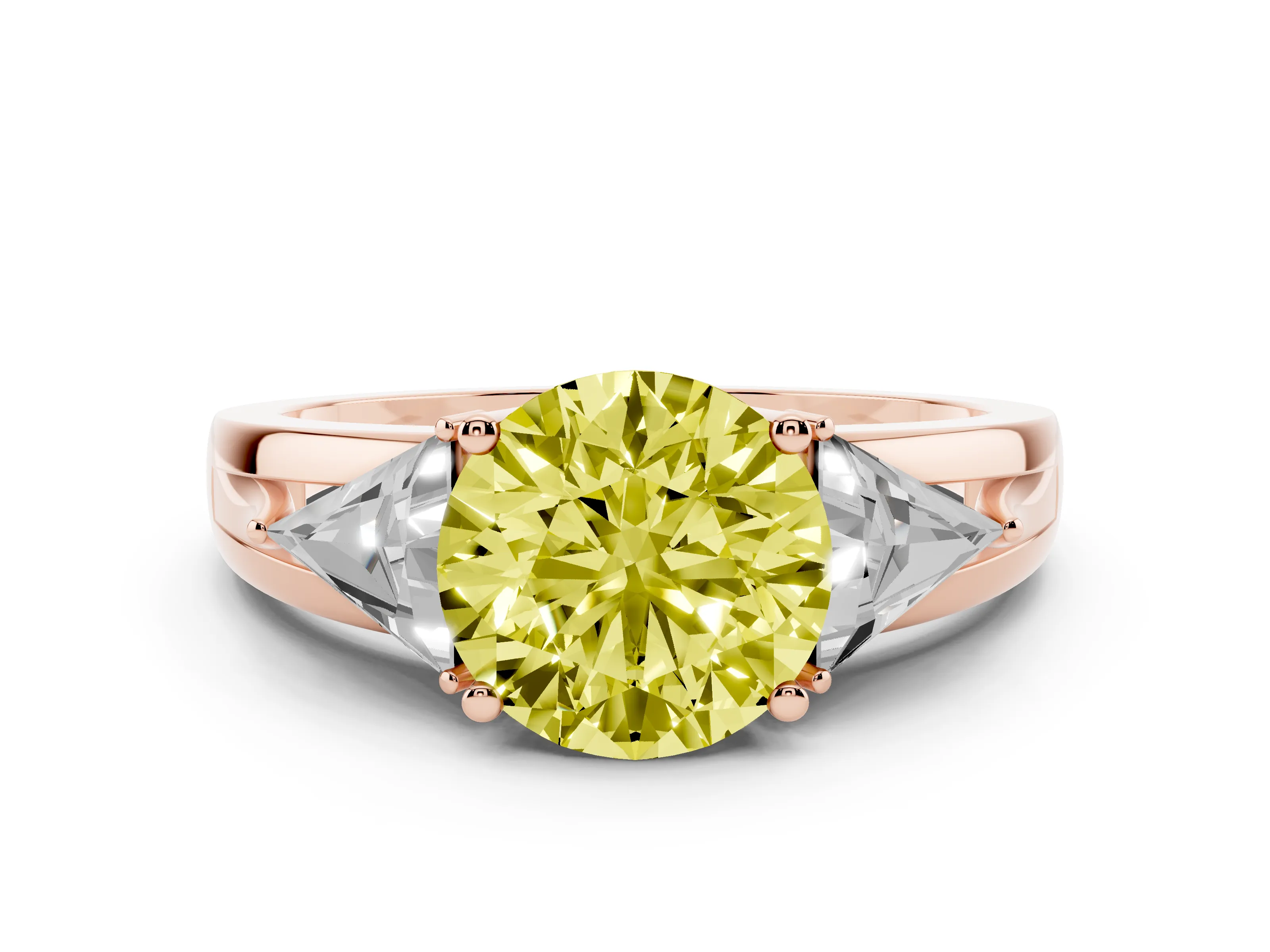 Fancy Yellow Round Cut Diamond Three-Stone Ring Set in Rose gold with Trillion Side Stones and Split Shank