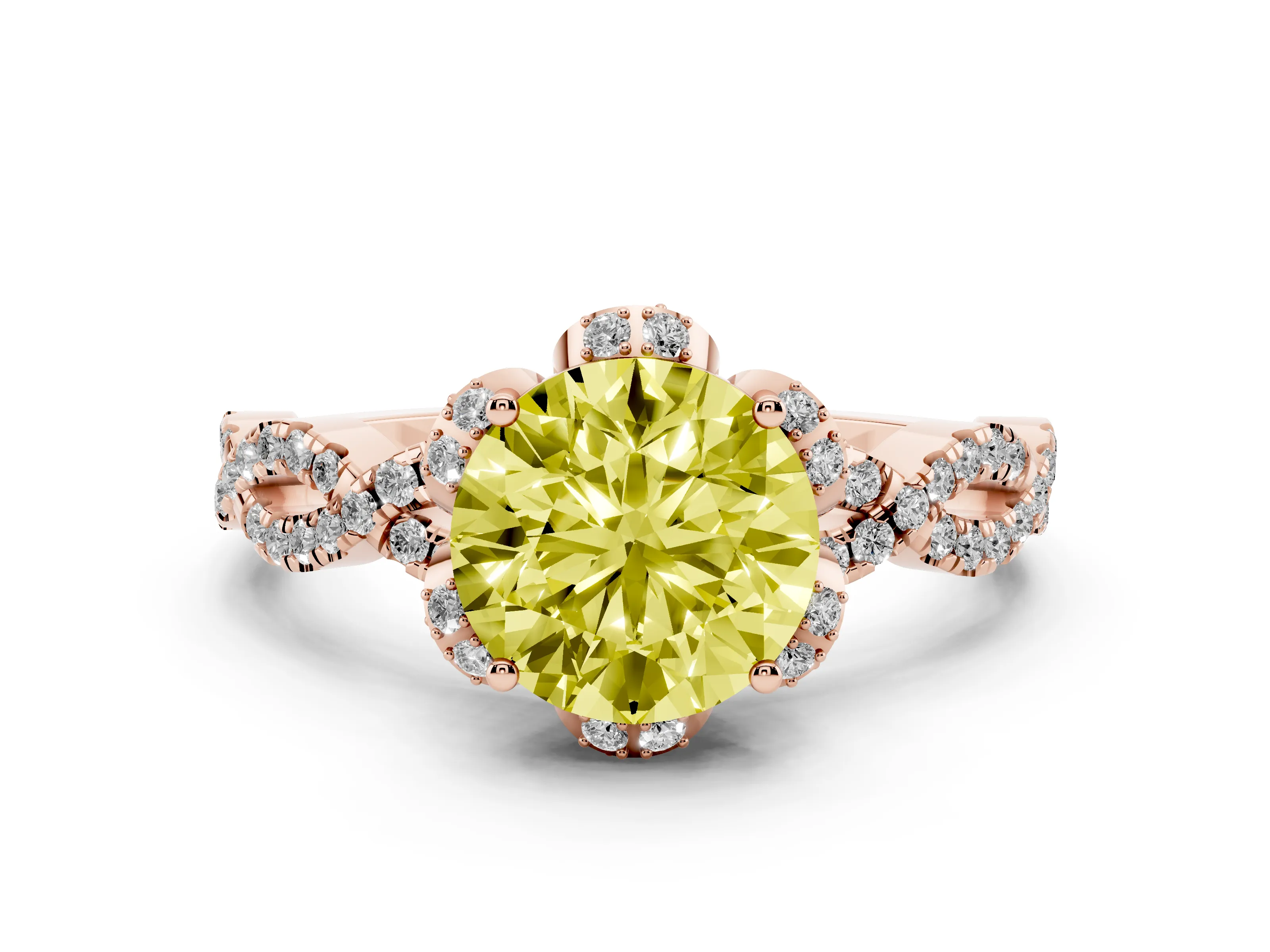 Fancy Yellow Round Cut Diamond Halo Twist Band Solitaire Ring Set in Rose gold with Prong-Set Center Stone