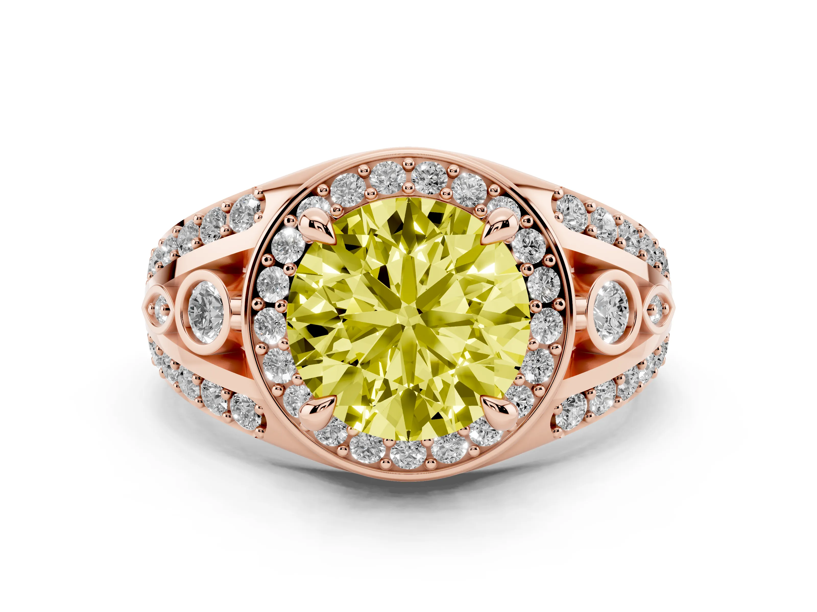 Fancy Yellow Round Cut Diamond Halo Ring Set in Rose gold with Pavé Split Shank and Bezel Accents