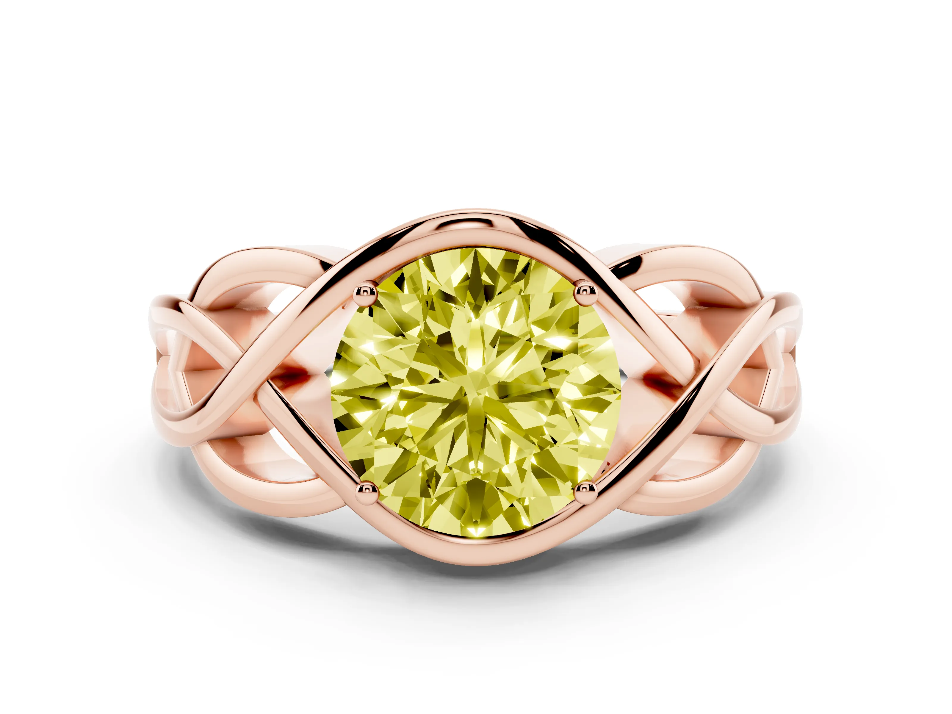 Fancy Yellow Round Cut Diamond Solitaire Ring Set in Rose gold with Intertwined Band