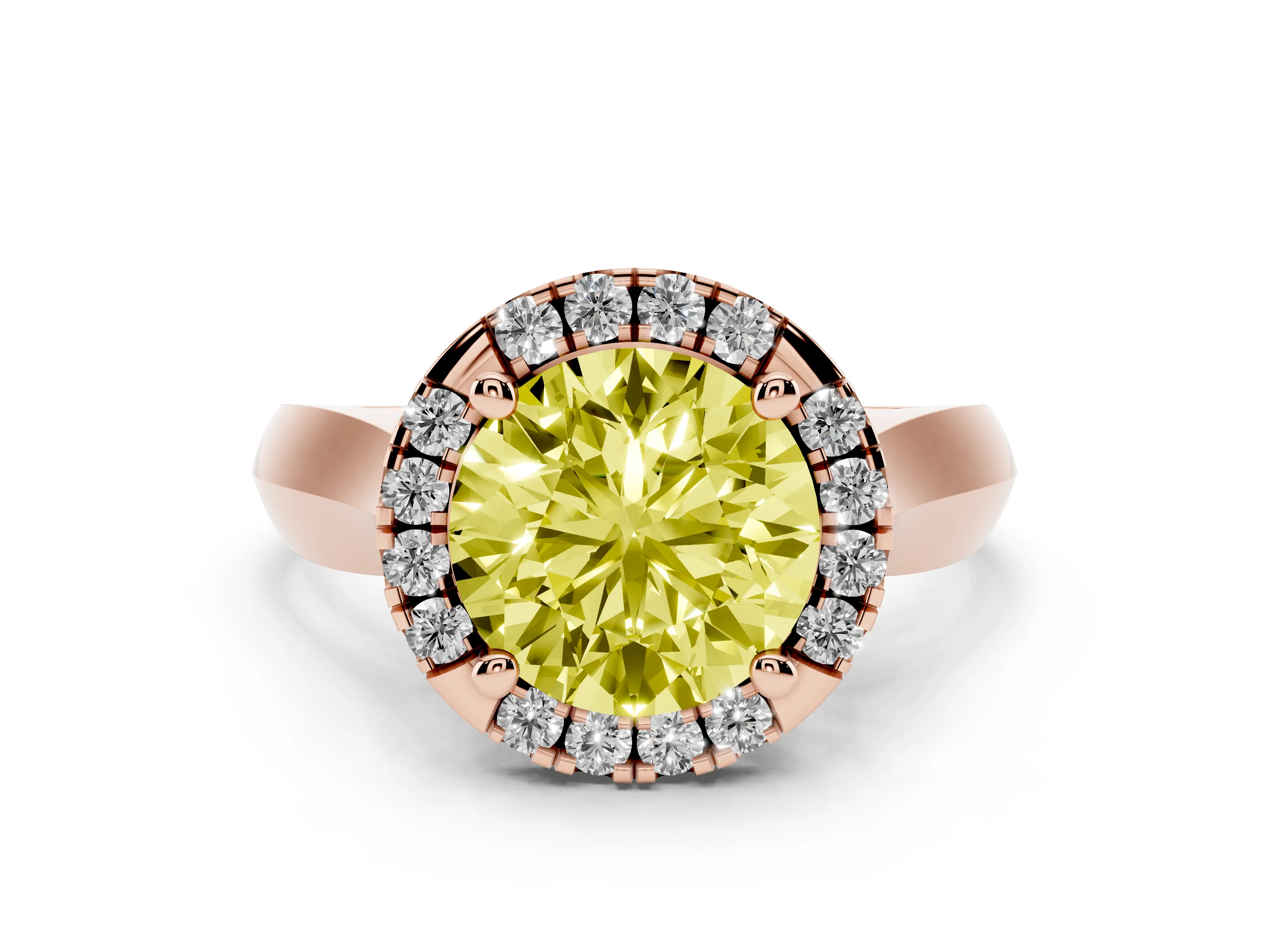 Fancy Yellow Round Cut Diamond Halo Solitaire Engagement Ring Set in Rose gold with Square Band and Prong Setting