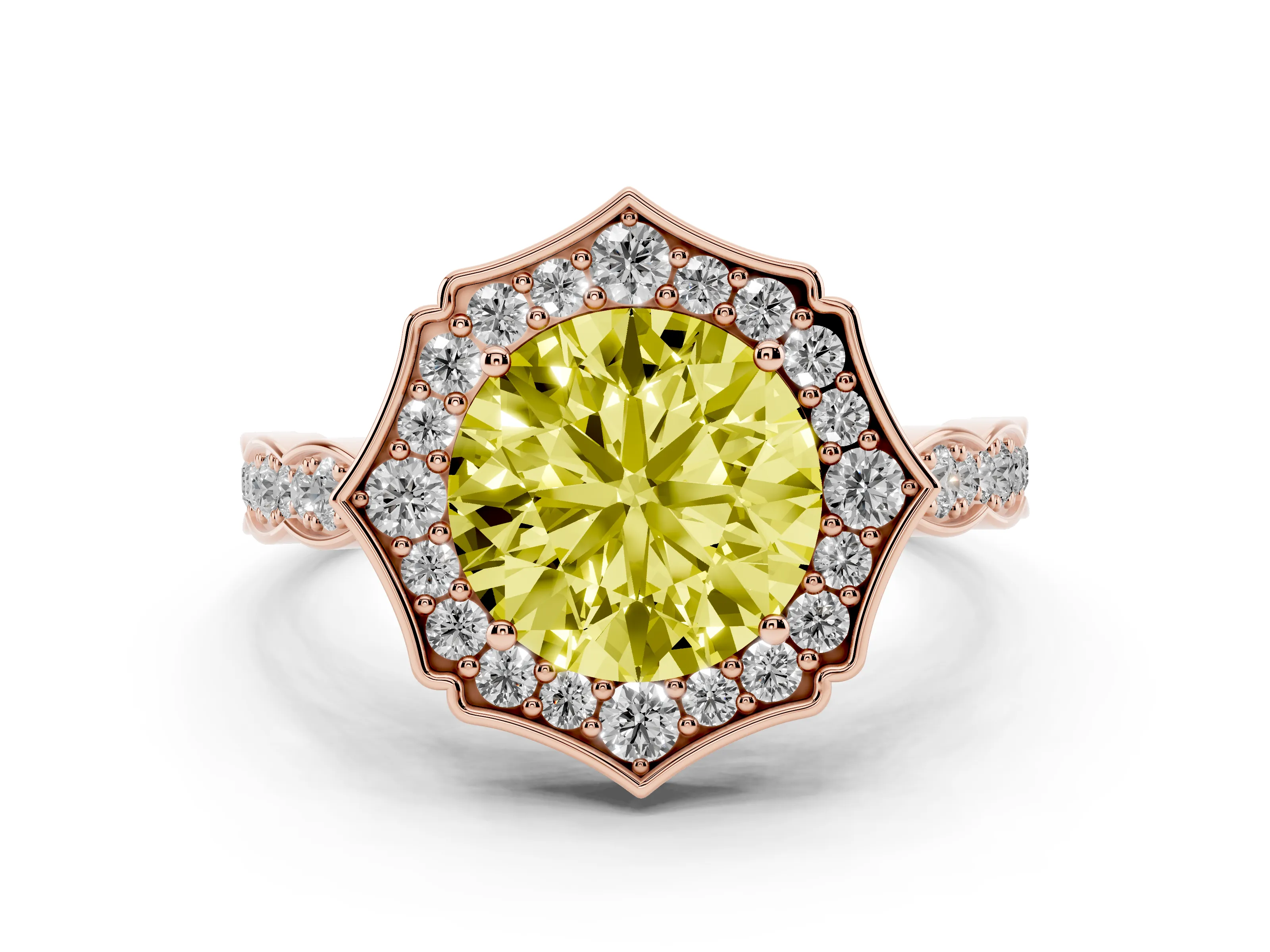 Fancy Yellow Round Cut Diamond Halo Engagement Ring Set in Rose gold with Milgrain Band and Prong Setting