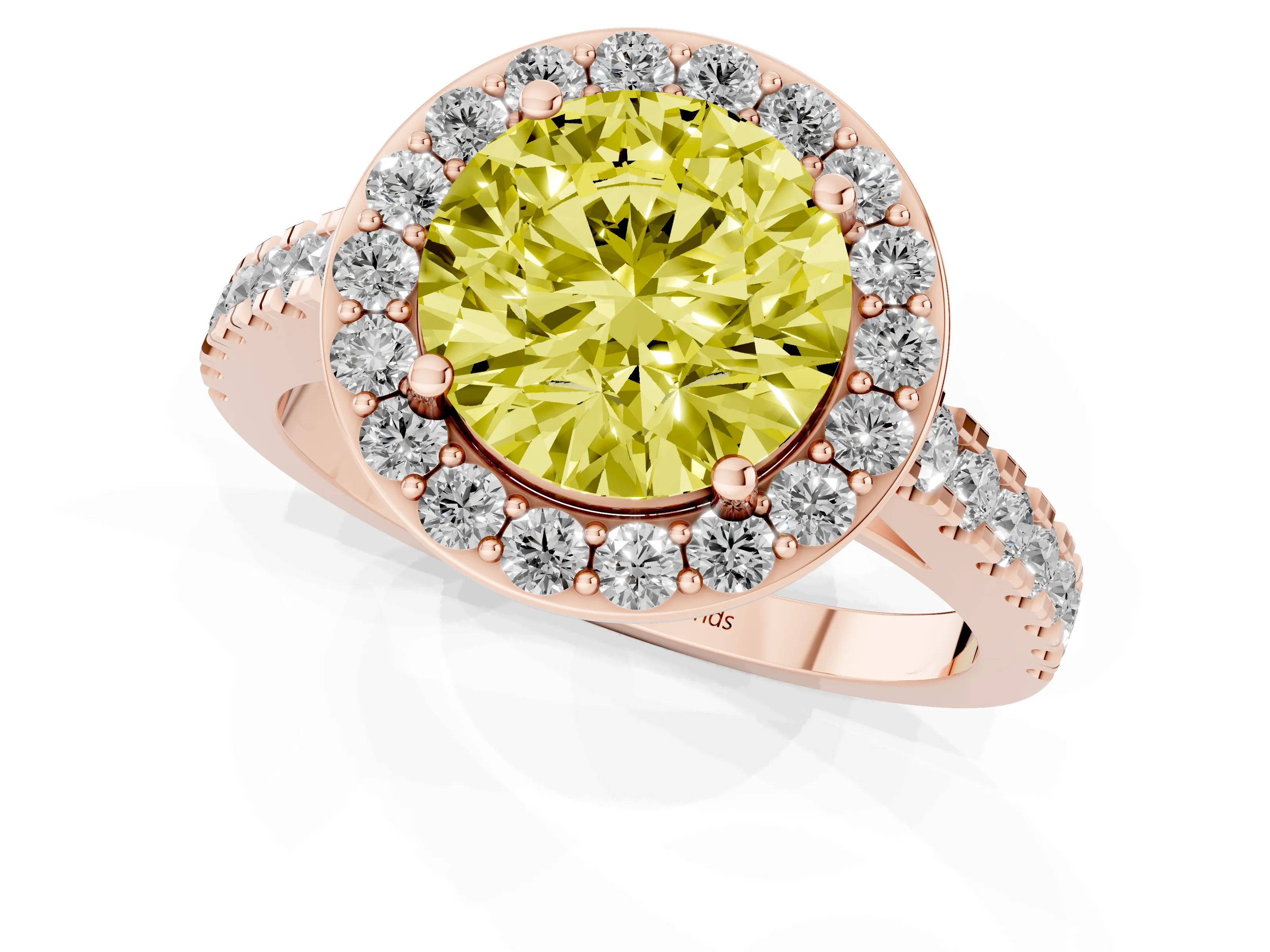 Fancy Yellow Round Cut Diamond Halo Ring Set in Rose gold with Round Pavé Split Shank and Prong Setting
