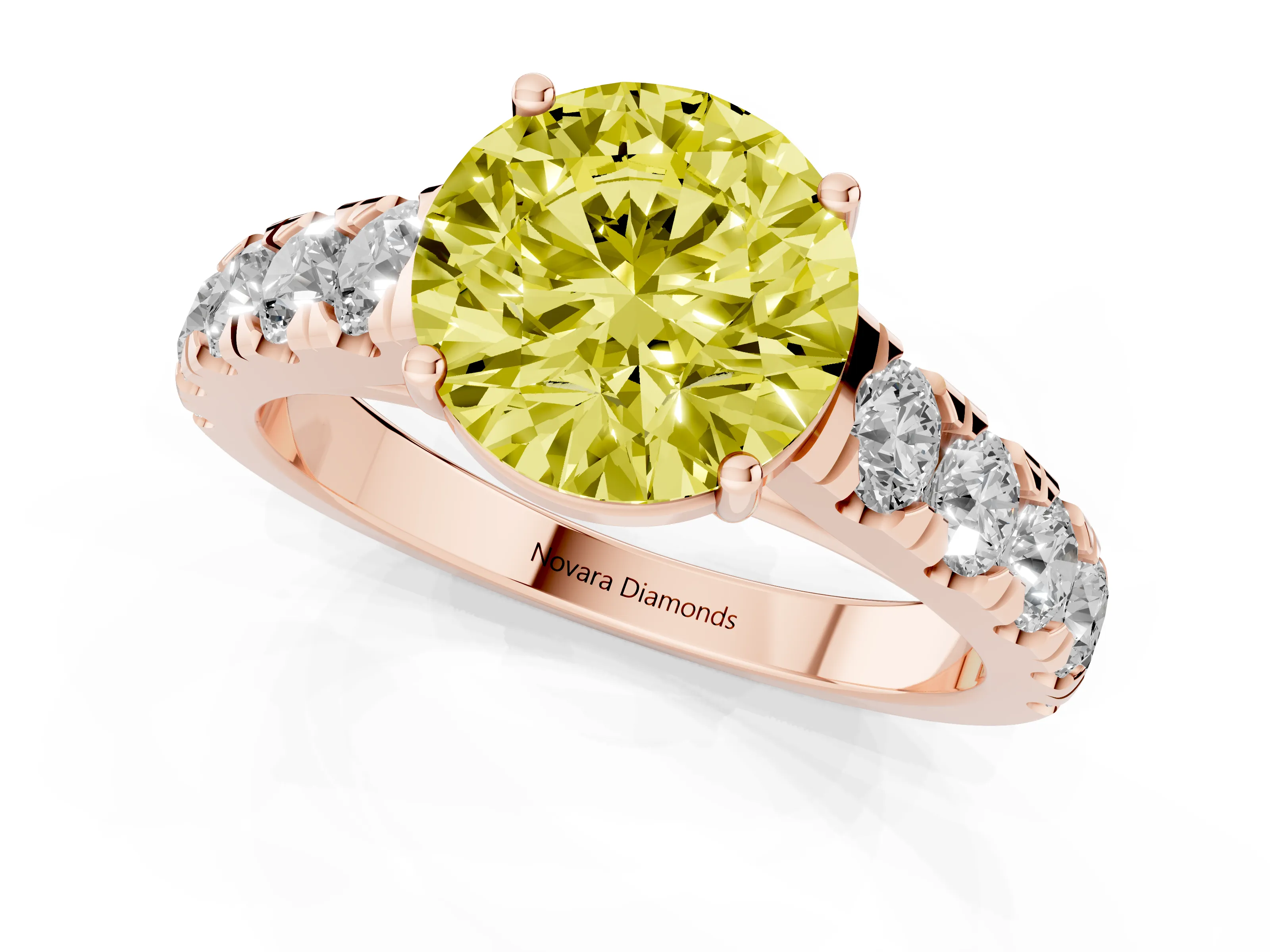 Fancy Yellow Round Cut Diamond Solitaire Ring Set in Rose gold with Cut-Down Micro Pavé Band and Prong Setting