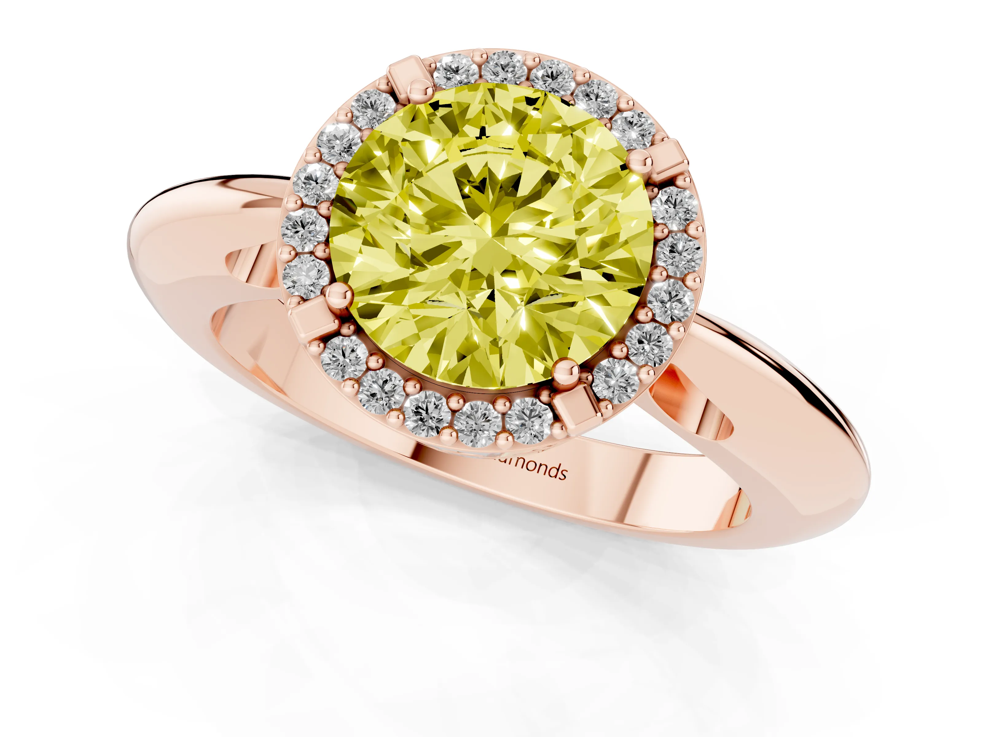 Fancy Yellow Round Cut Diamond Halo Engagement Ring Set in Rose gold with Plain Split Shank and Prong Setting
