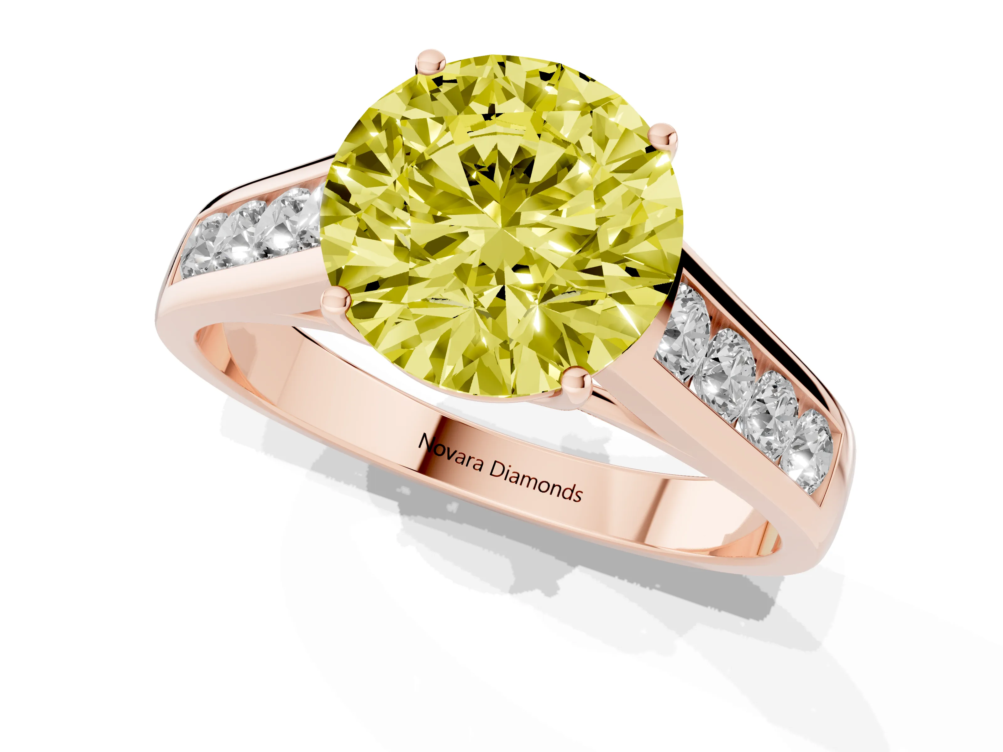 Fancy Yellow Round Cut Diamond Solitaire Channel-Set Engagement Ring Set in Rose gold with Prong Setting