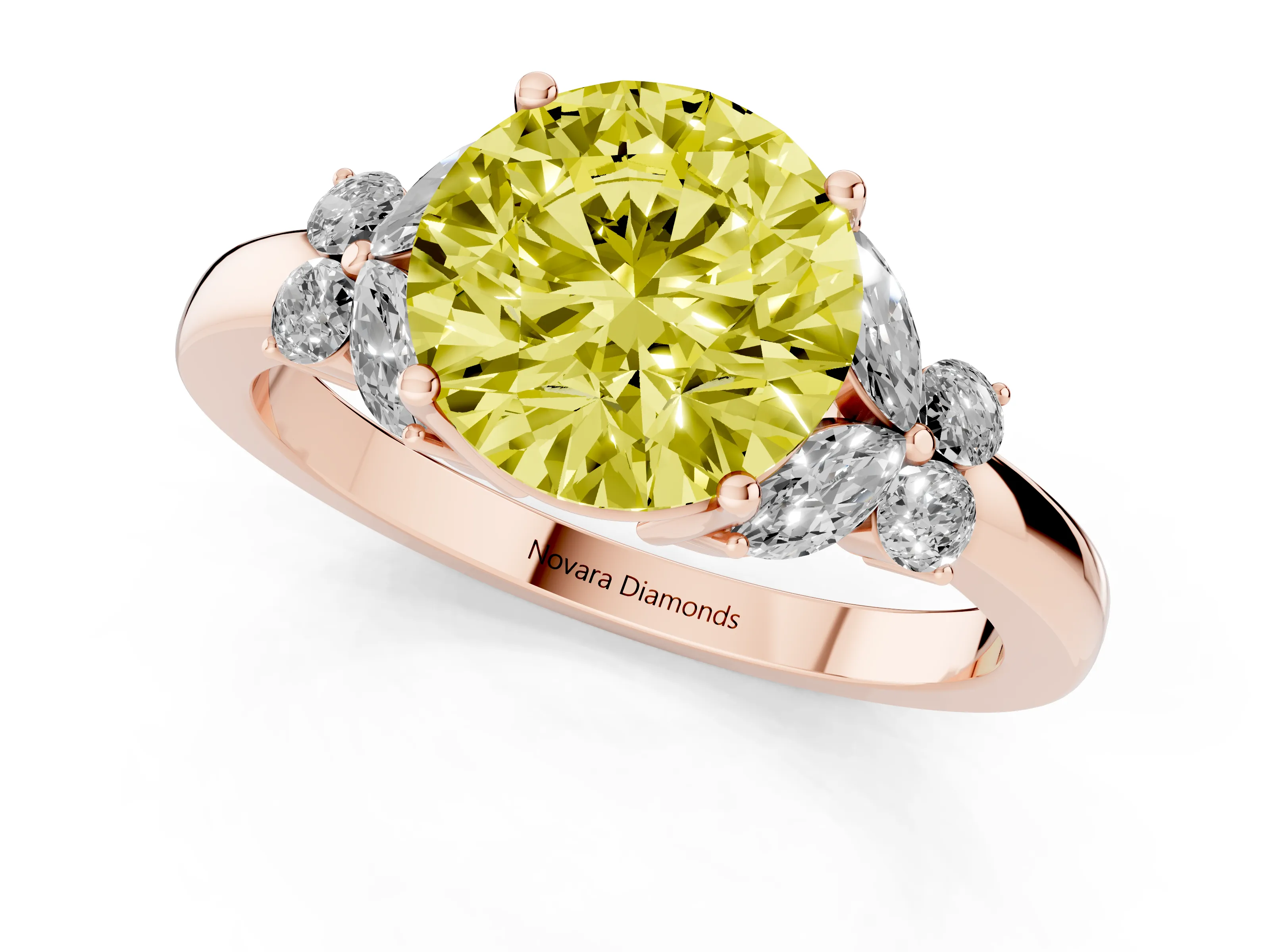 Fancy Yellow Round Cut Diamond Solitaire Floral Ring Set in Rose gold with Marquise Petals and Prong Setting