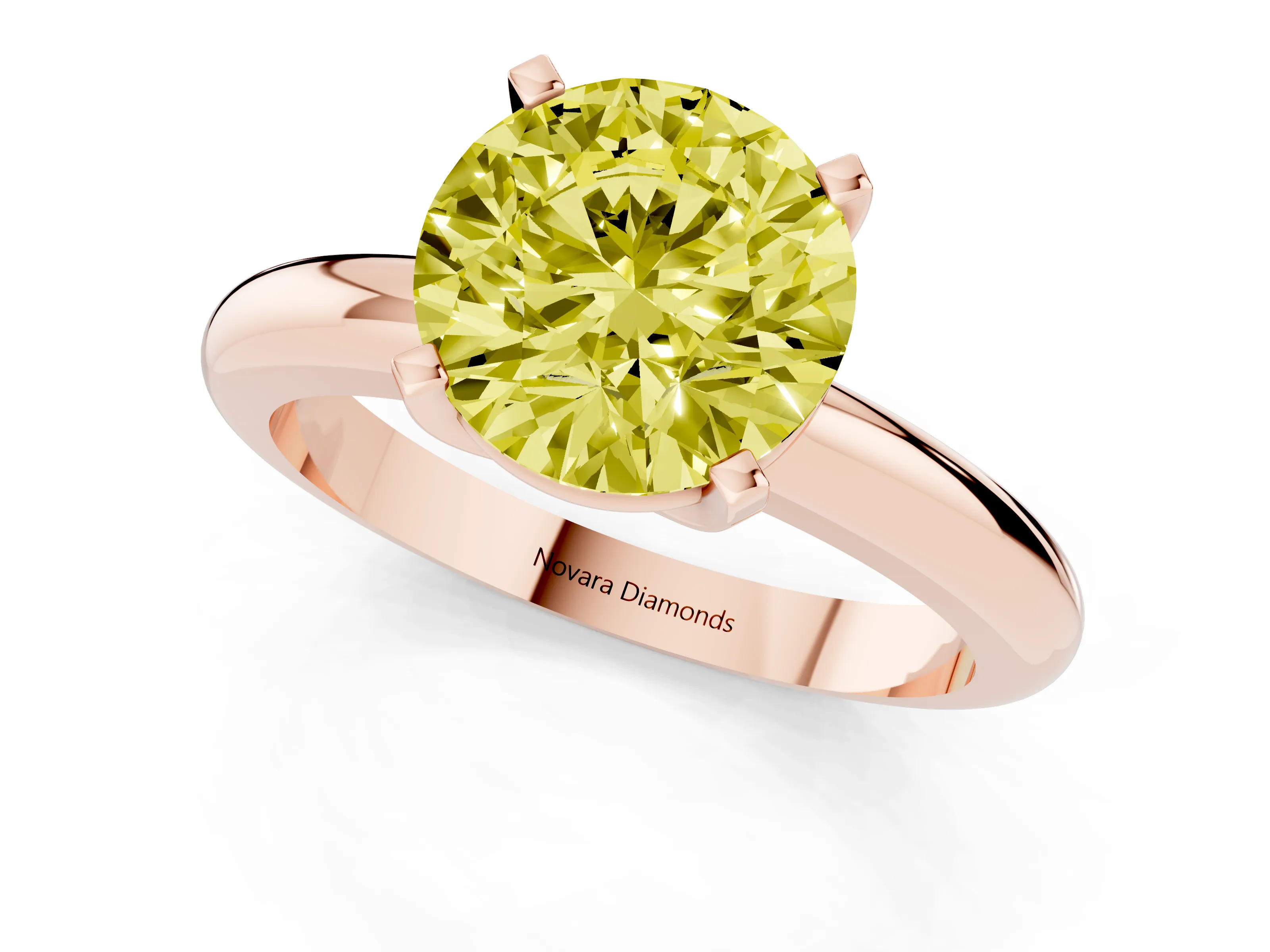 Fancy Yellow Round Cut Diamond Solitaire Engagement Ring Set in Rose gold with Round Band and Prong Setting