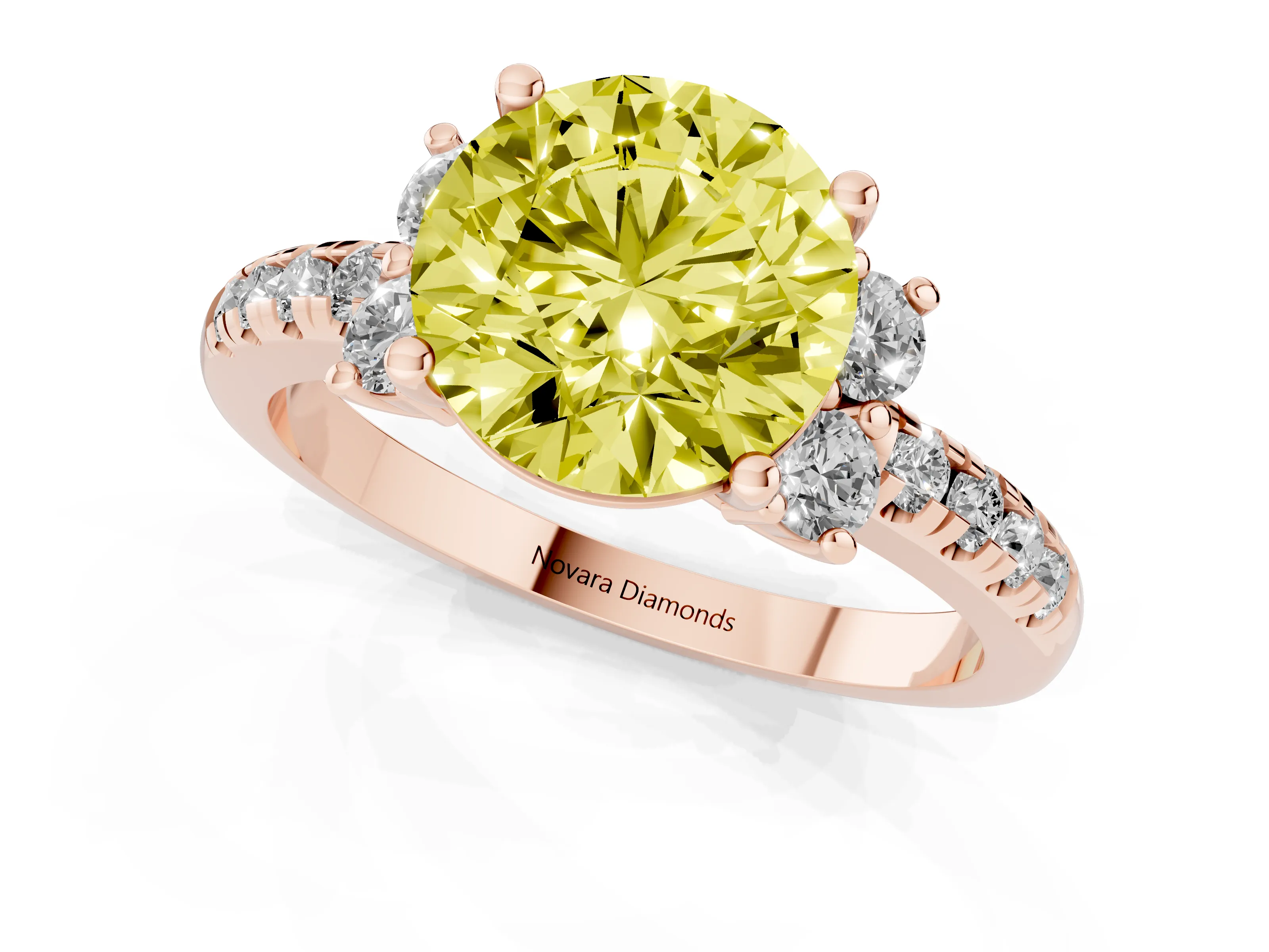 Fancy Yellow Round Cut Diamond Three-Stone Pavé Ring Set in Rose gold with Prong Setting