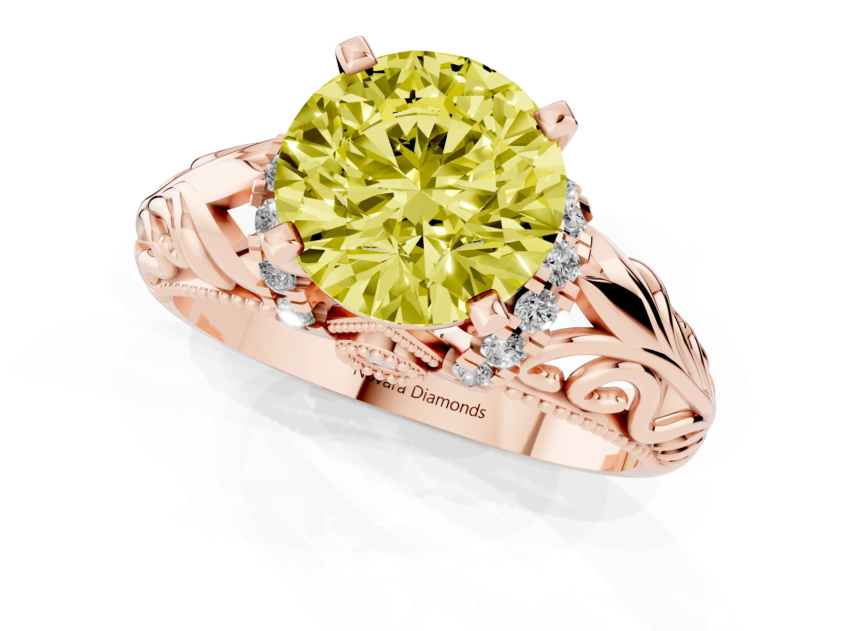 Fancy Yellow Round Cut Diamond Filigree Halo Engagement Ring Set in Rose gold with Prong Setting