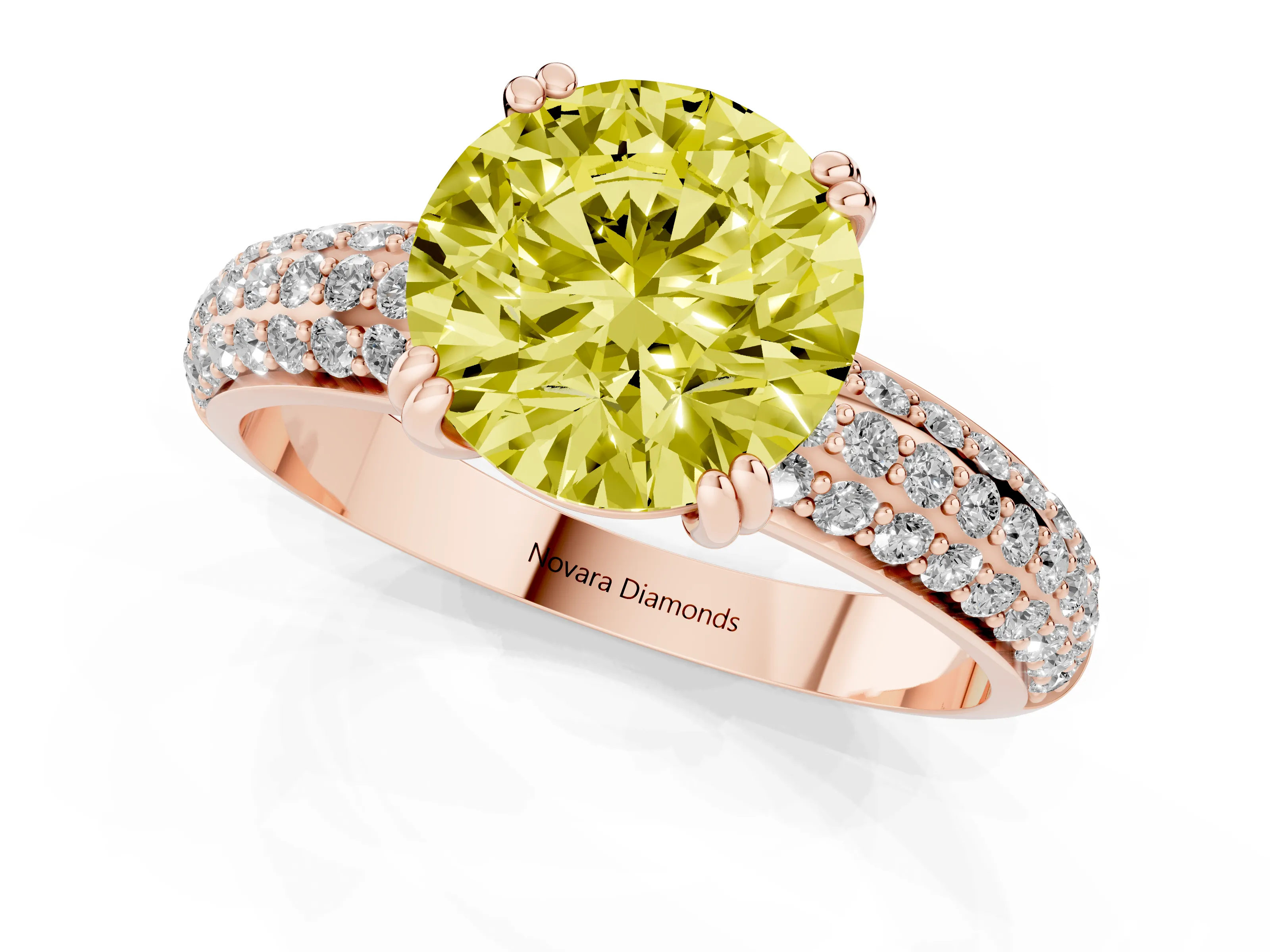 Fancy Yellow Round Cut Diamond Solitaire Ring Set in Rose gold with Multi-Row Round Pavé Band and Prong Setting