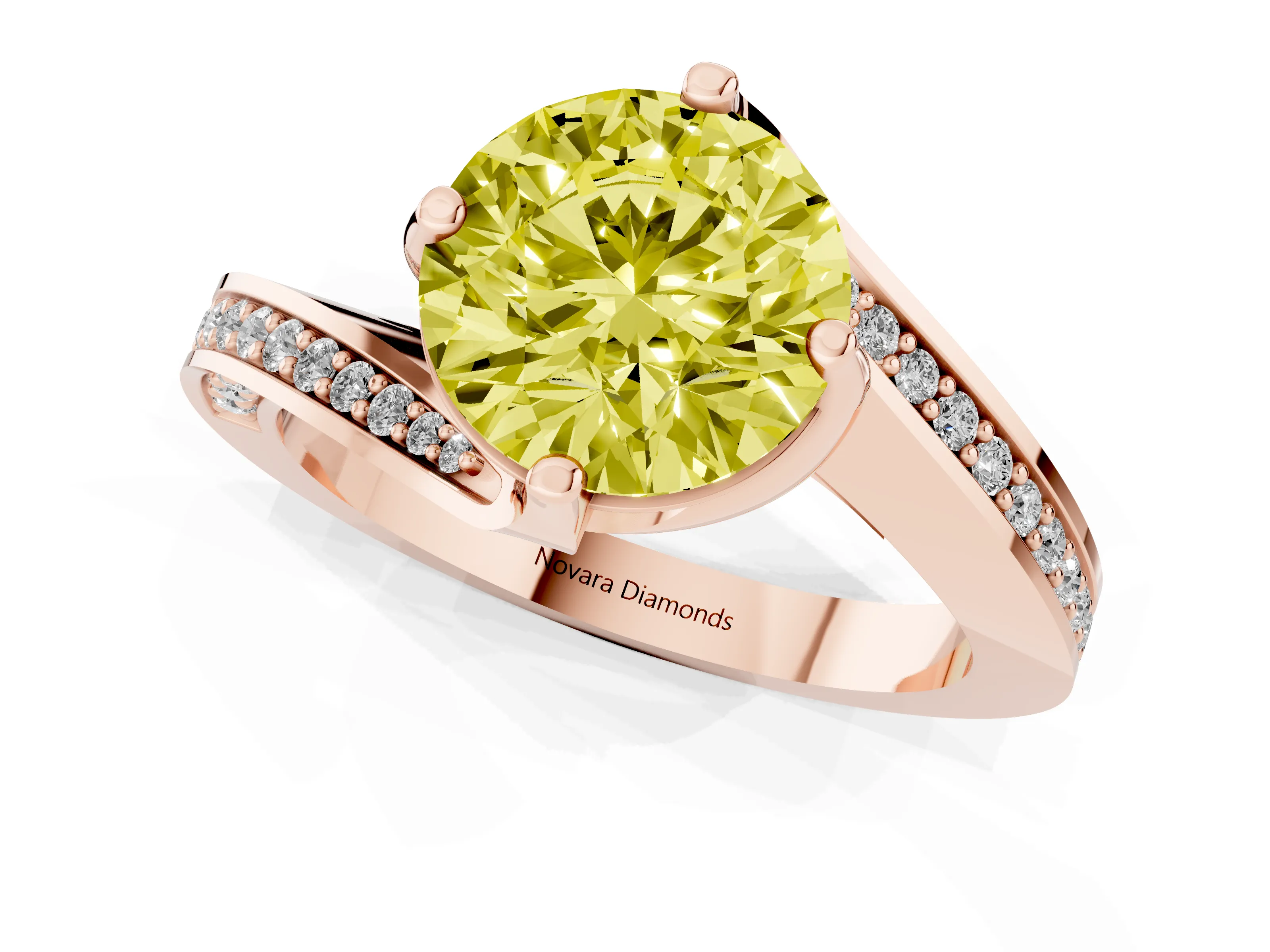 Fancy Yellow Round Cut Diamond Solitaire Ring Set in Rose gold with Intertwined Pavé Twist Band