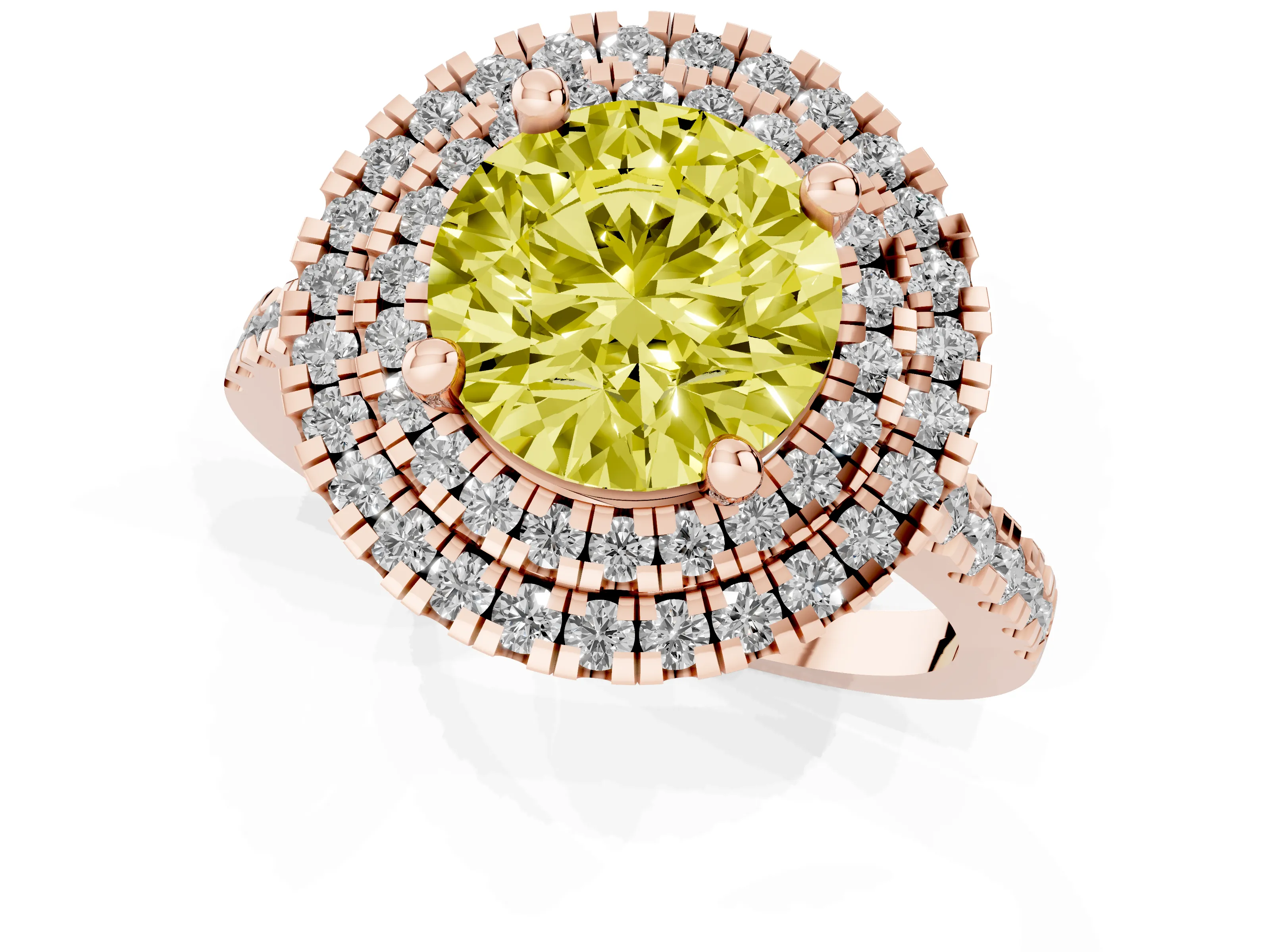 Fancy Yellow Round Cut Diamond Double Halo Statement Ring Set in Rose gold with Pavé Band