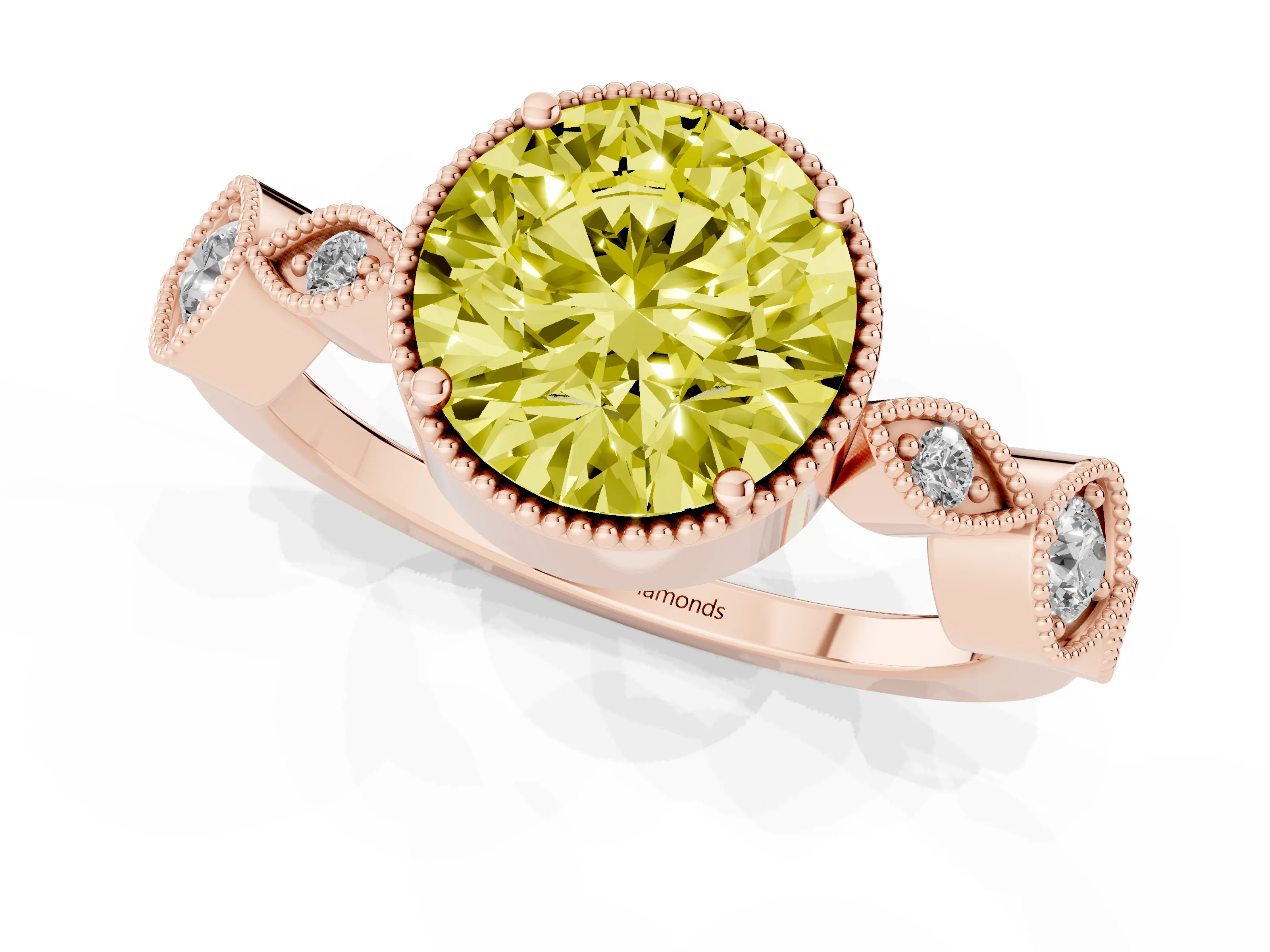 Fancy Yellow Round Cut Diamond Vintage-Inspired Milgrain Ring Set in Rose gold with Marquise Stations of Round Accents