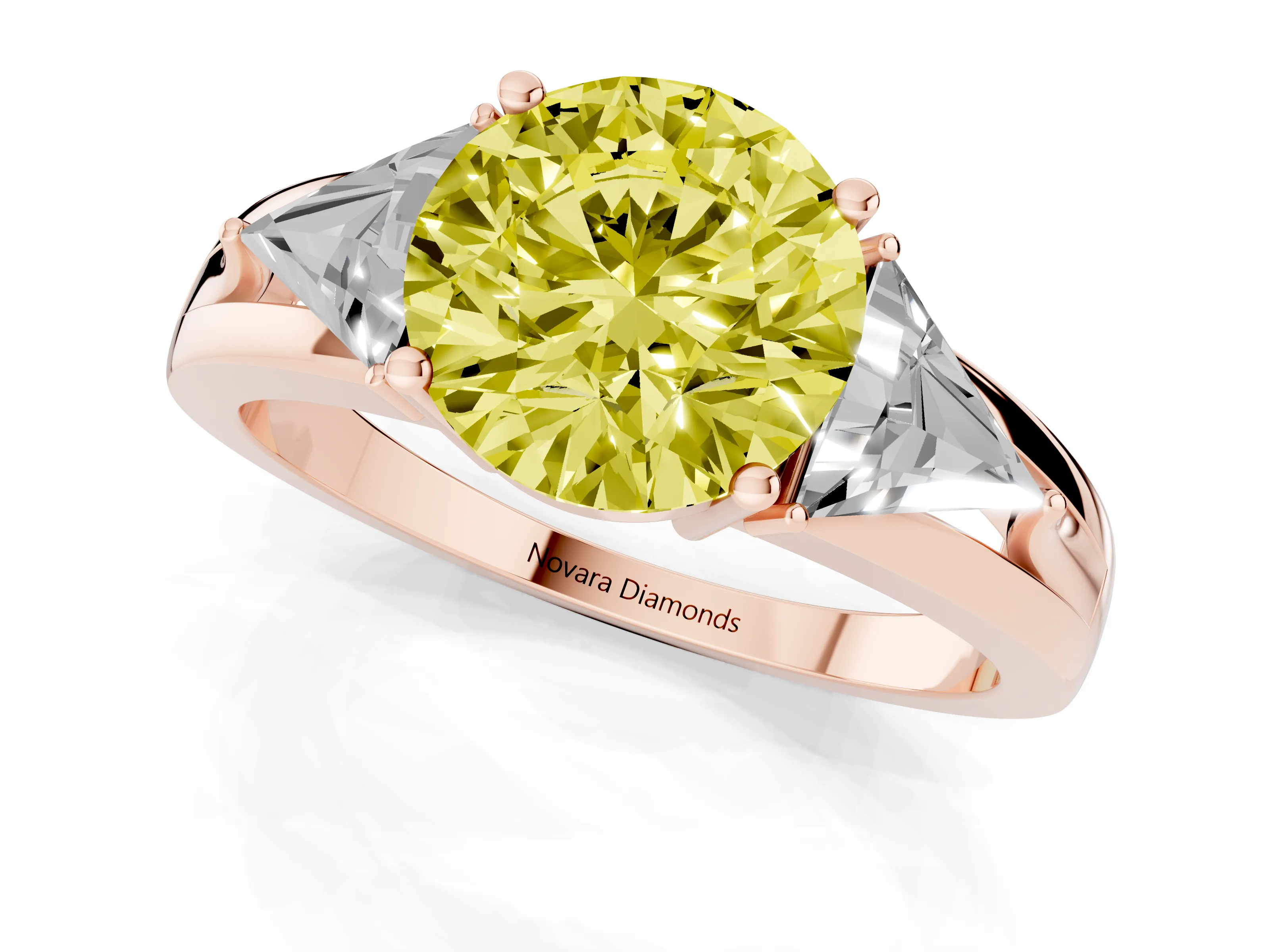 Fancy Yellow Round Cut Diamond Three-Stone Ring Set in Rose gold with Trillion Side Stones and Split Shank