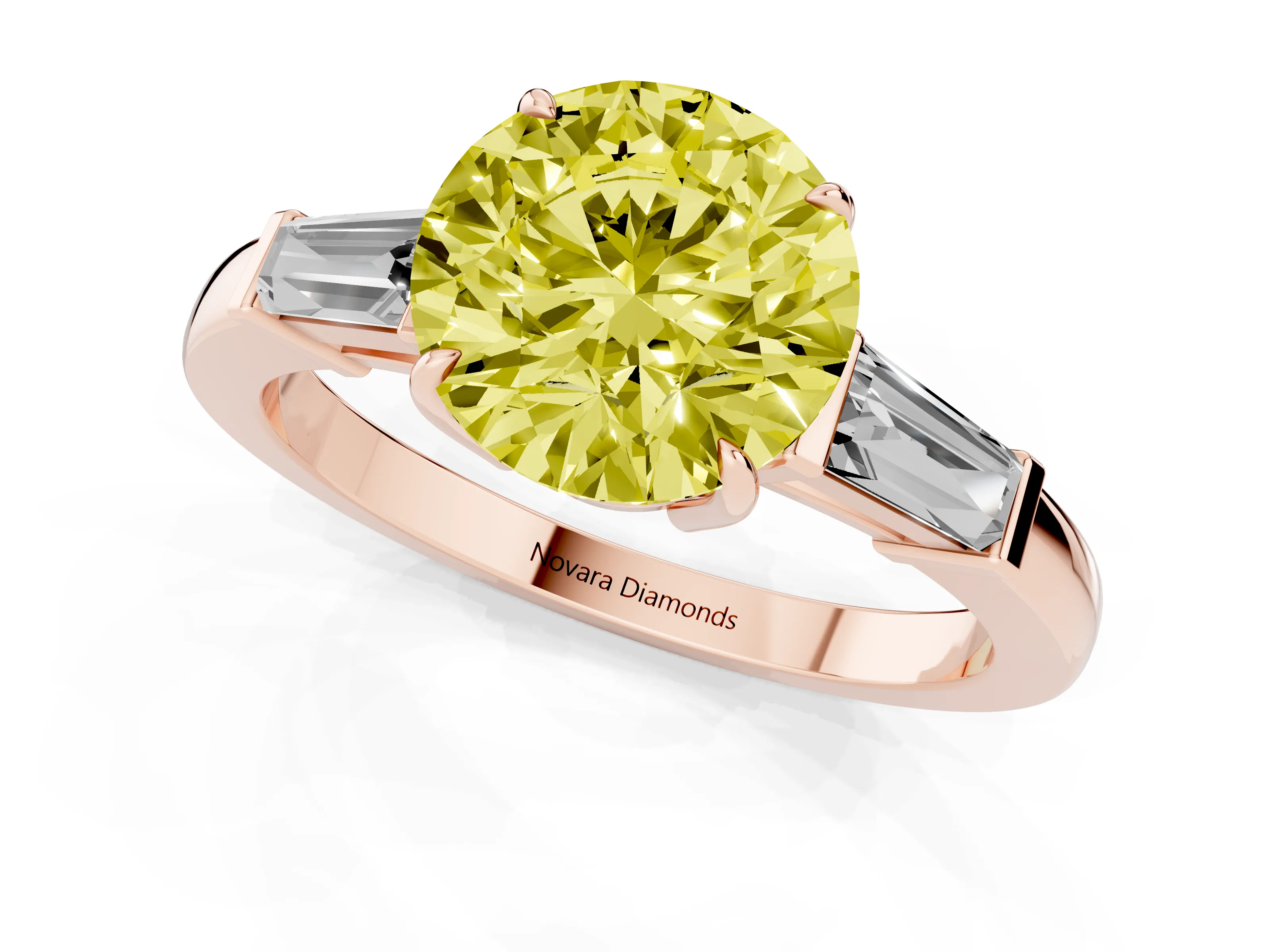 Fancy Yellow Round Cut Diamond Three-Stone Ring Set in Rose gold with Tapered Baguette Side Stones and Prong Setting