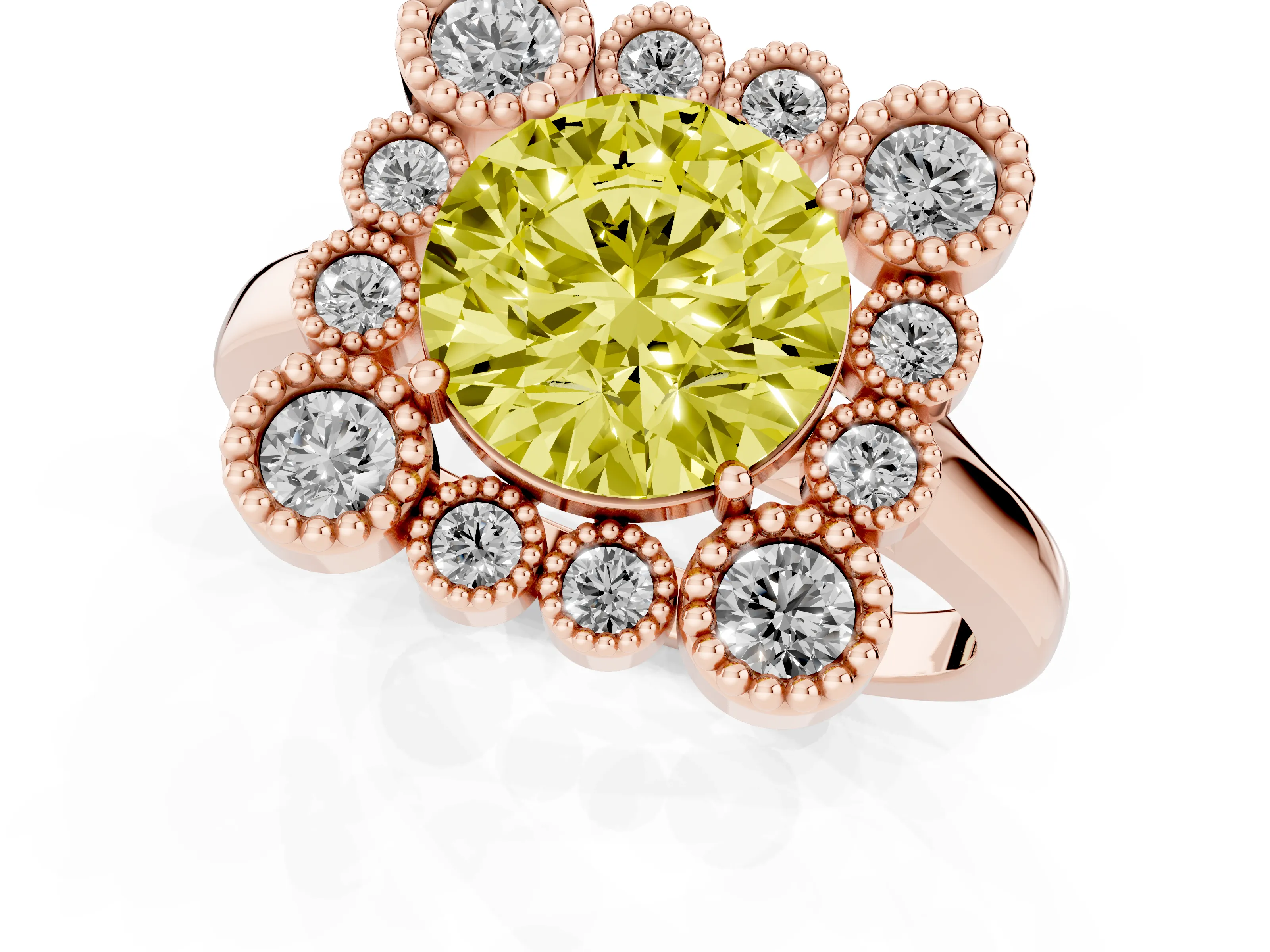 Fancy Yellow Round Cut Diamond Cluster Halo Ring Set in Rose gold with Milgrain Bezel Accents and Plain Band