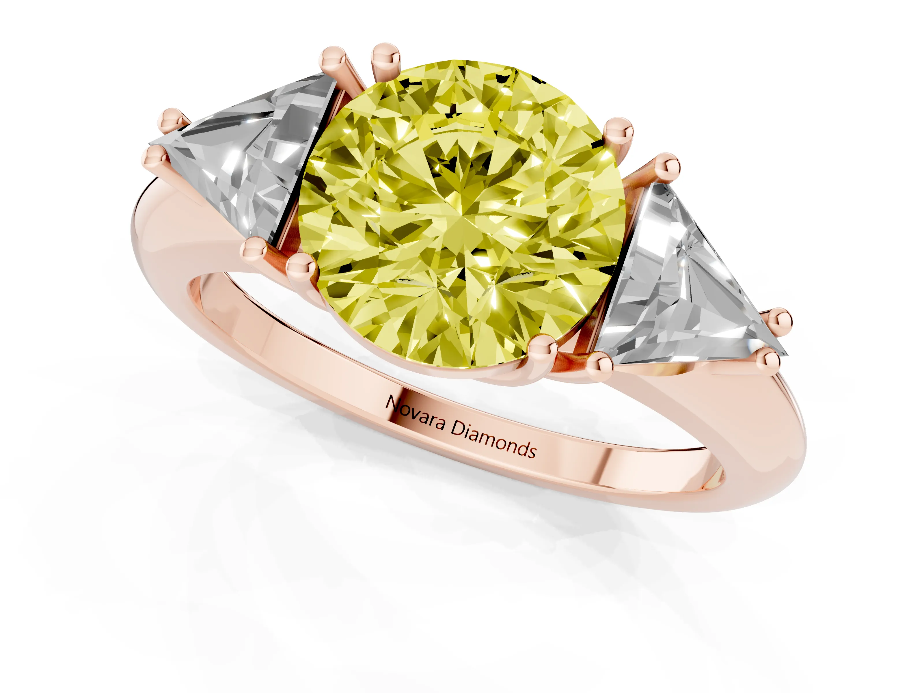 Fancy Yellow Round Cut Diamond Three-Stone Engagement Ring Set in Rose gold with Trillion Side Stones