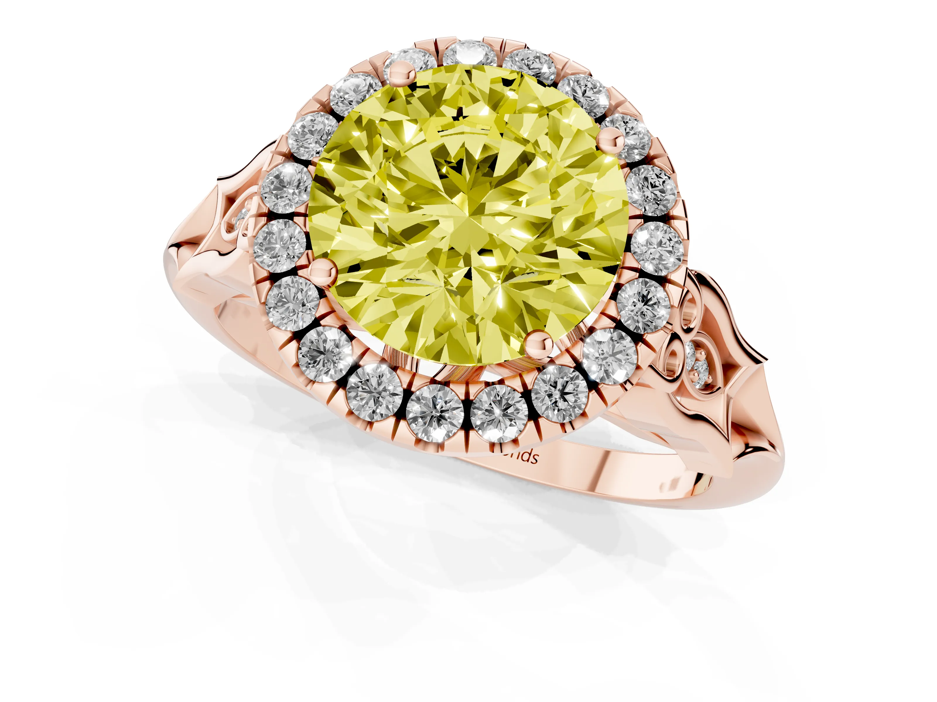Fancy Yellow Round Cut Diamond Halo Engagement Ring Set in Rose gold with Filigree Band and Prong-Set Center