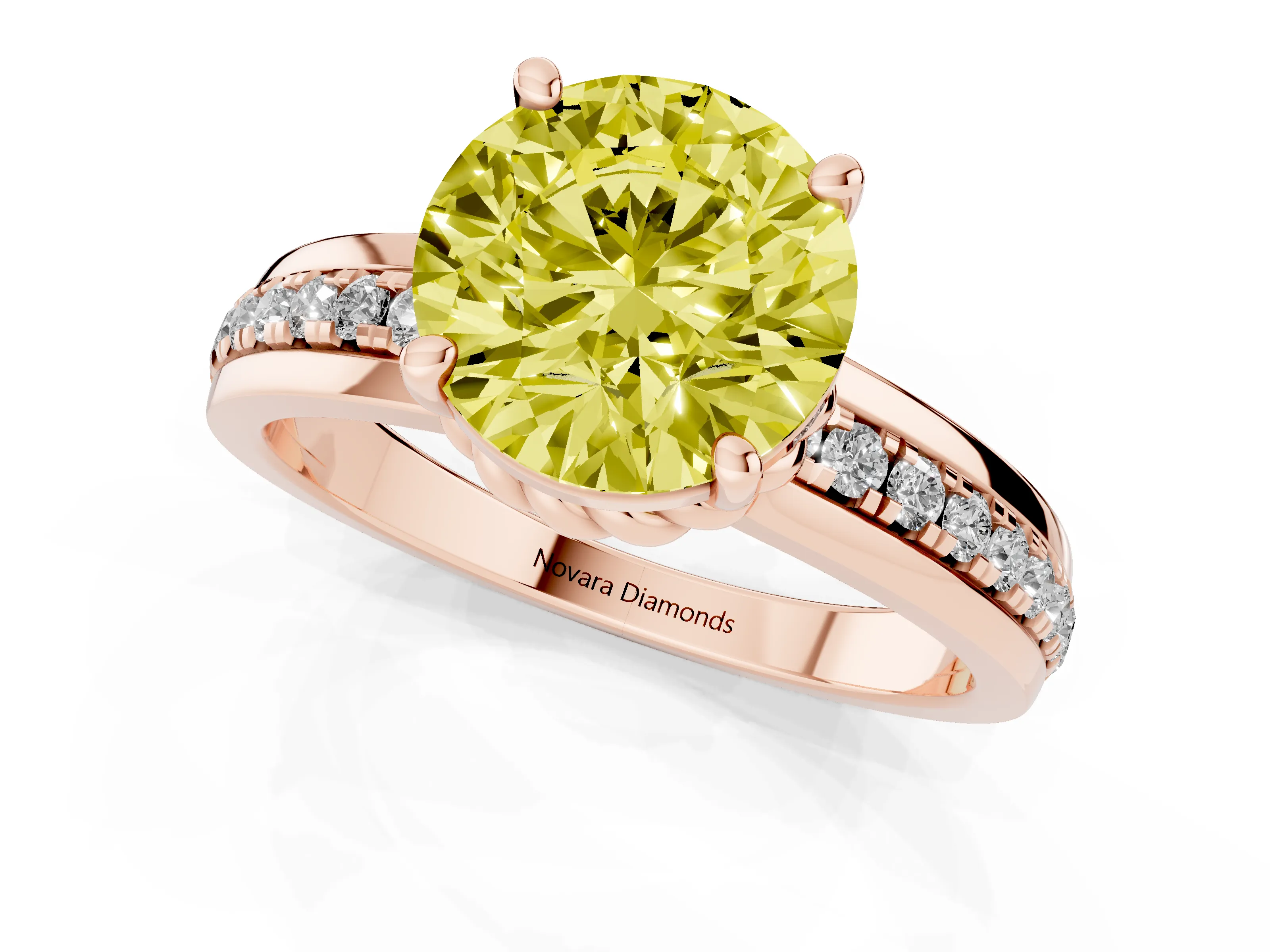 Fancy Yellow Round Cut Diamond Solitaire Ring Set in Rose gold with Channel Set Band and Prong Setting