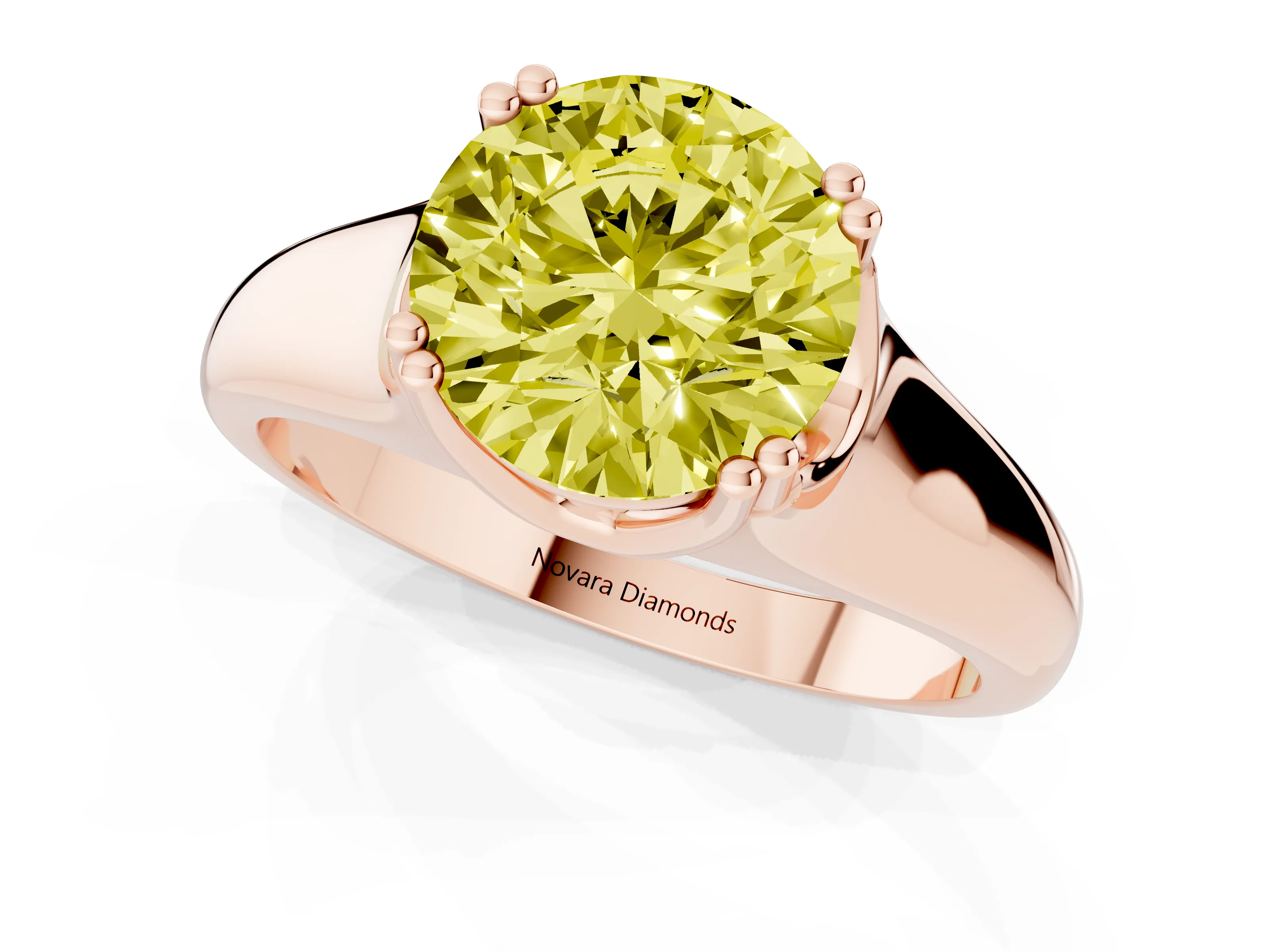 Fancy Yellow Round Cut Diamond Solitaire Ring Set in Rose gold with Wide Band and Prong Setting