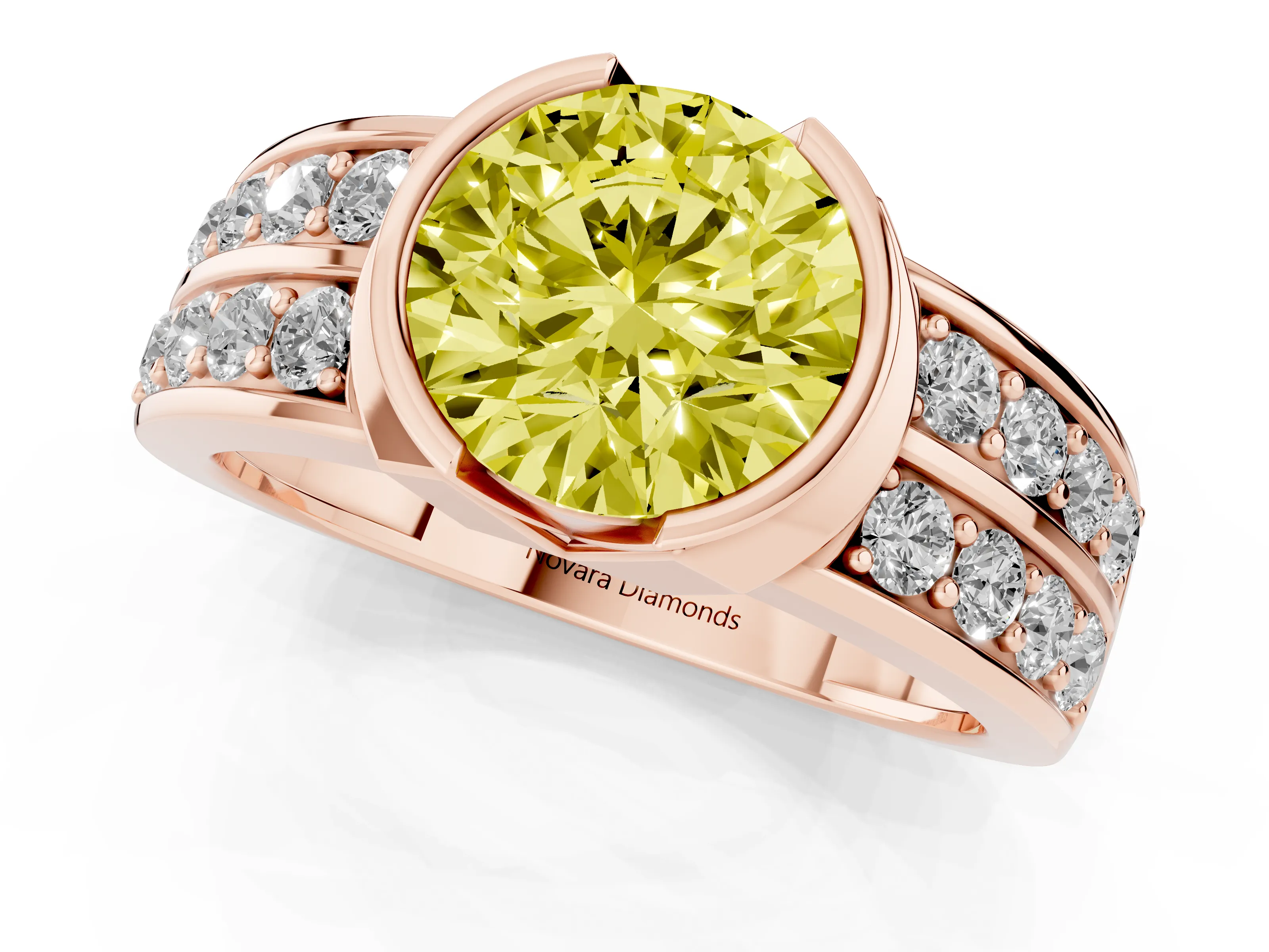 Fancy Yellow Round Cut Diamond Wide Channel Set Band Ring Set in Rose gold with Bezel Setting