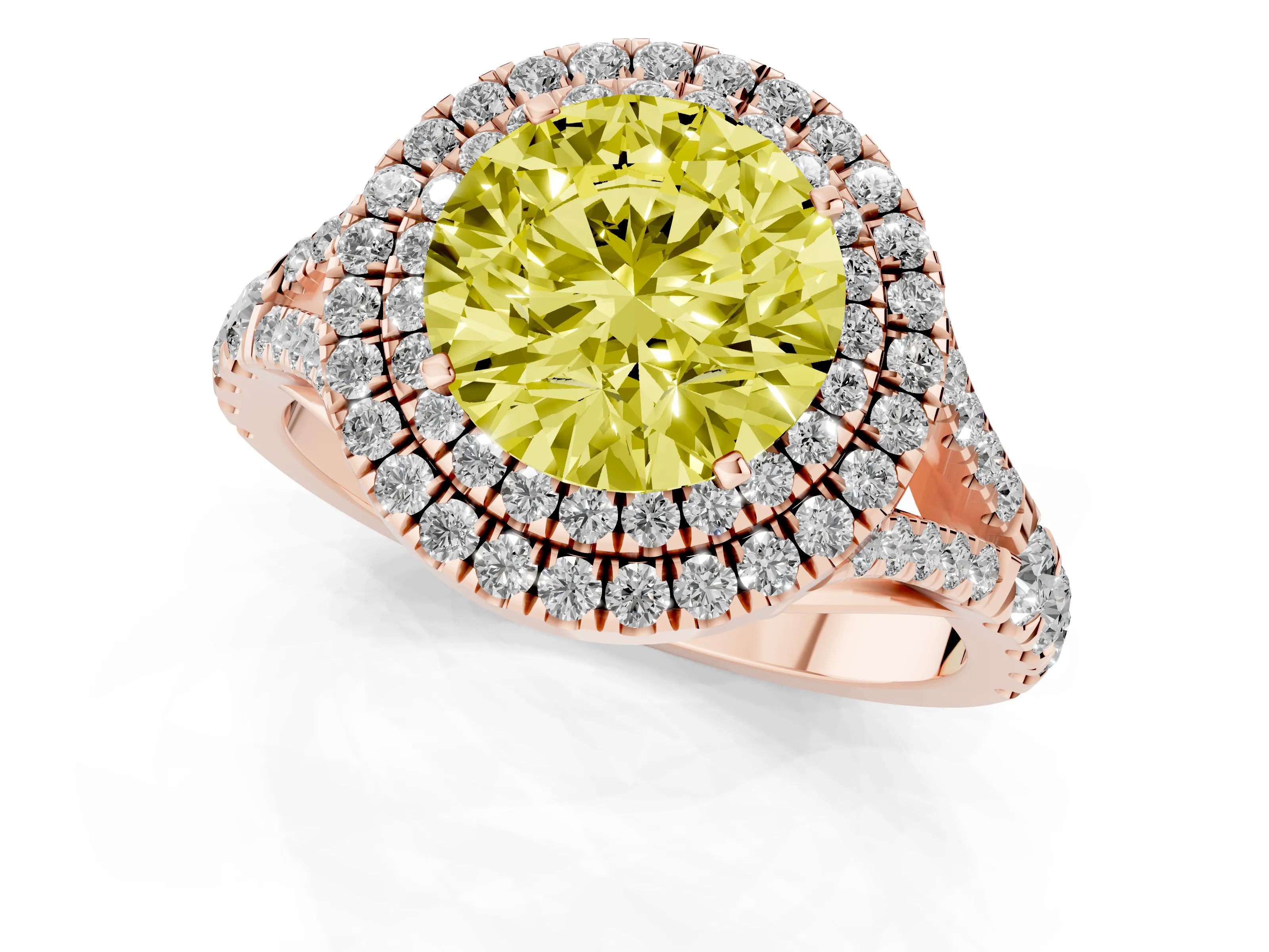 Fancy Yellow Round Cut Diamond Pavé Split Shank Double Halo Engagement Ring Set in Rose gold