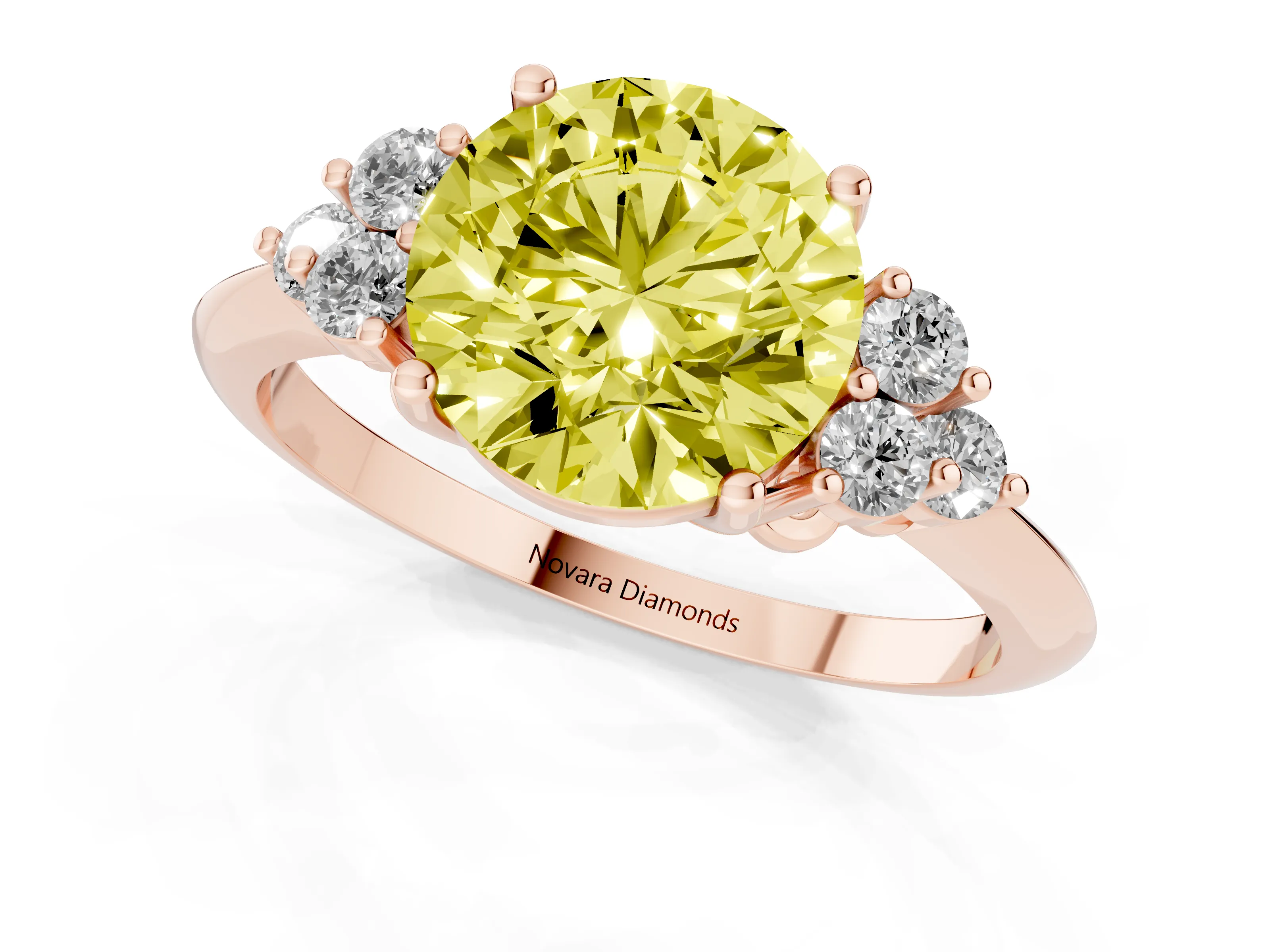 Fancy Yellow Round Cut Diamond Cluster Ring Set in Rose gold with Plain Band and Prong Setting