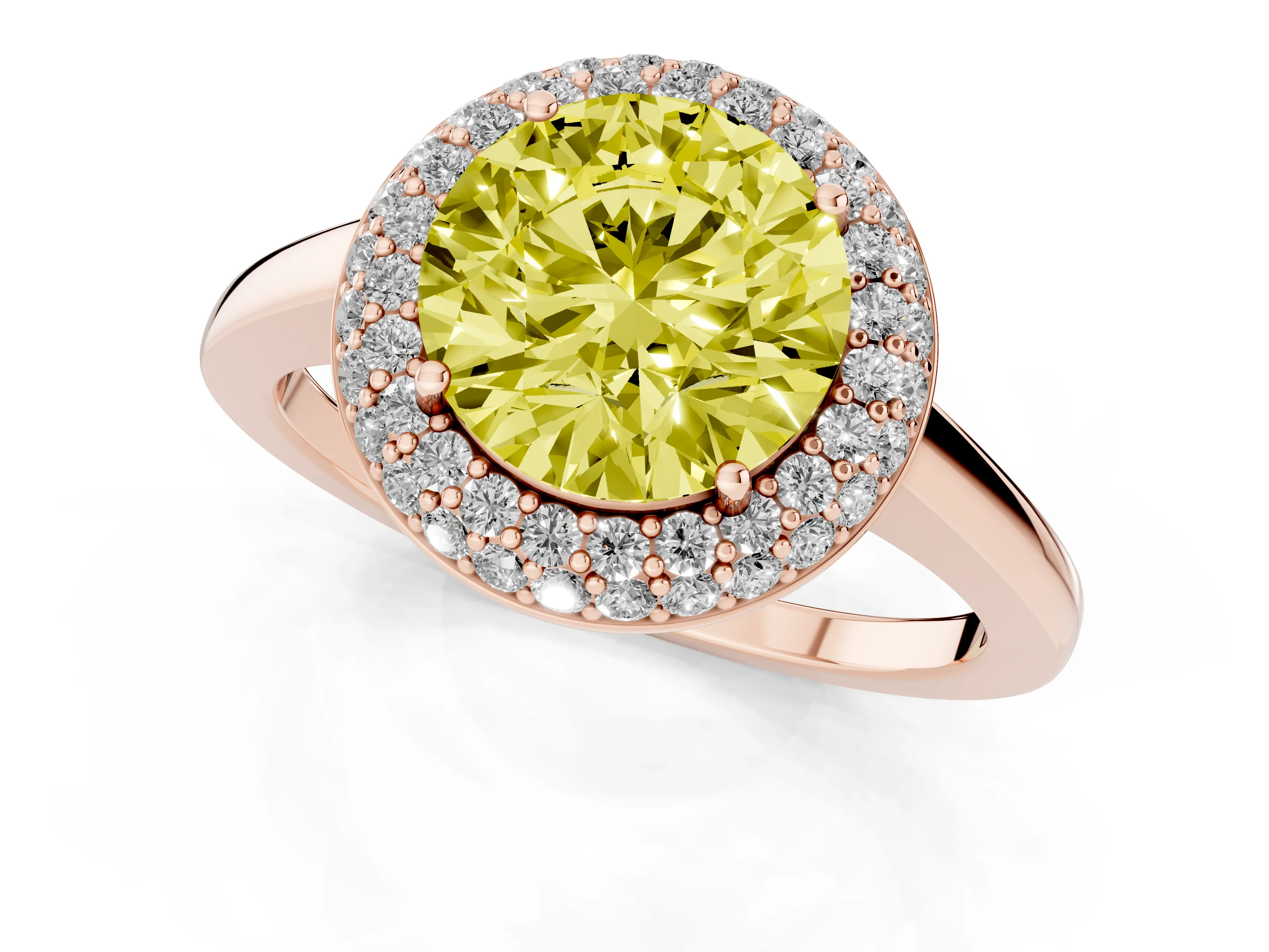 Fancy Yellow Round Cut Diamond Halo Engagement Ring Set in Rose gold with Solitaire Band and Prong Setting