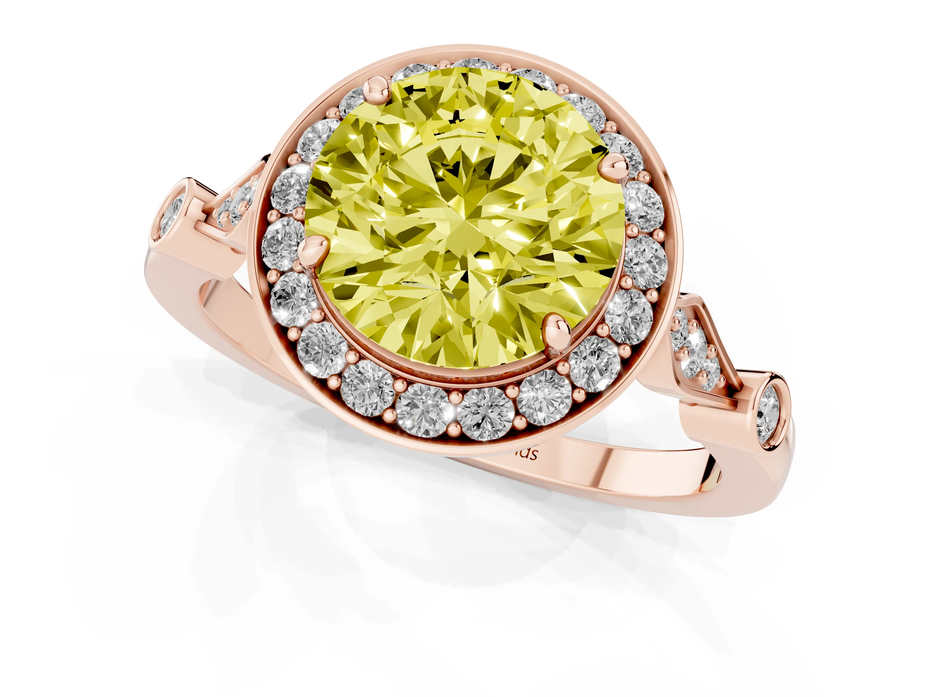 Fancy Yellow Round Cut Diamond Halo Engagement Ring Set in Rose gold with Twisted Band and Prong Setting
