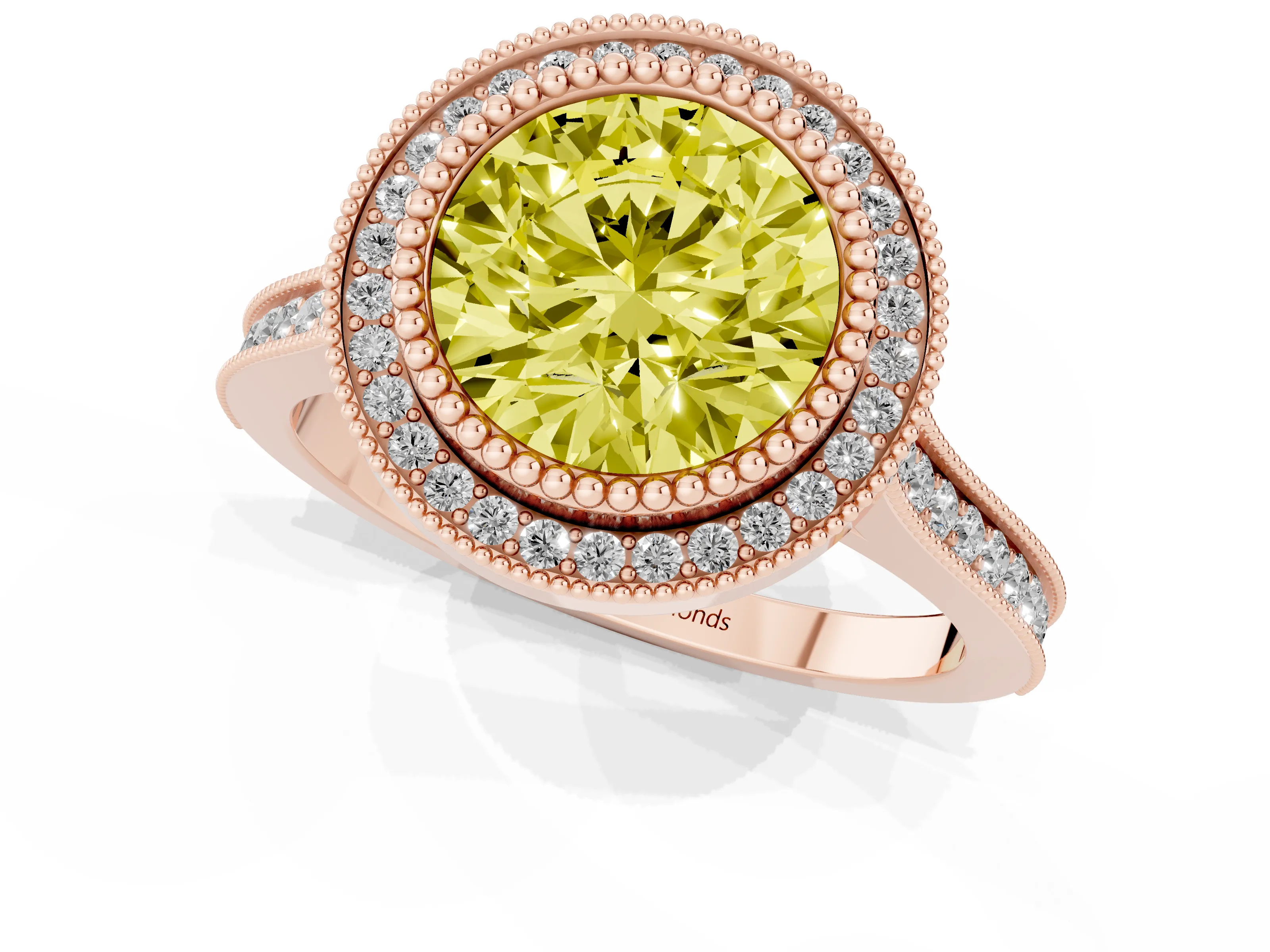 Fancy Yellow Round Cut Diamond Halo Ring Set in Rose gold with Milgrain Frame and Pavé Band