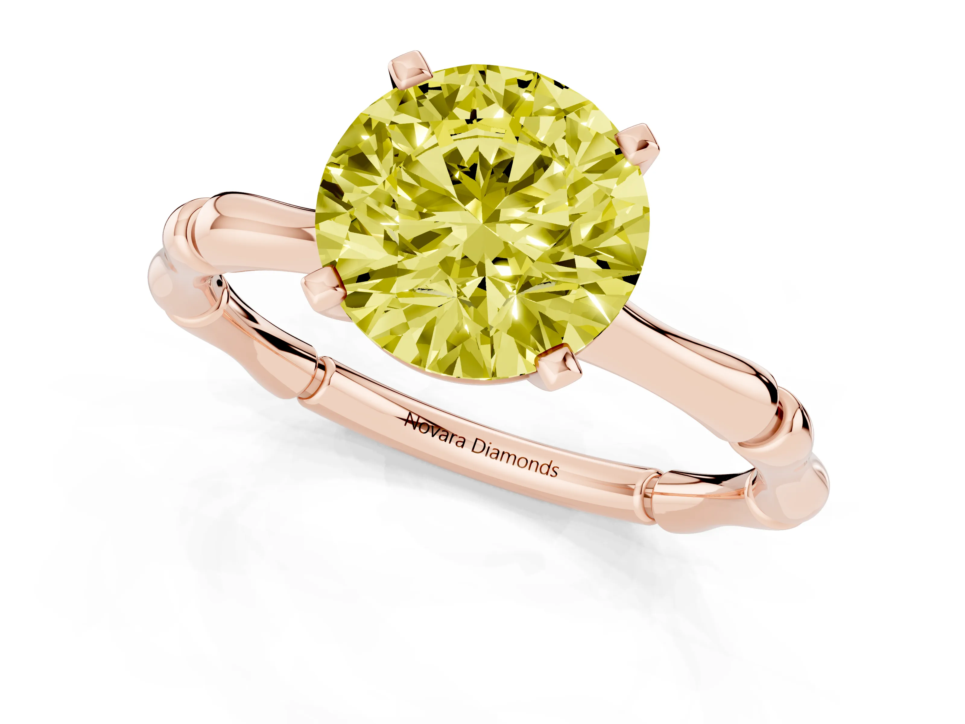 Fancy Yellow Round Cut Diamond Solitaire Ring Set in Rose gold with Bamboo Band and Prong Setting
