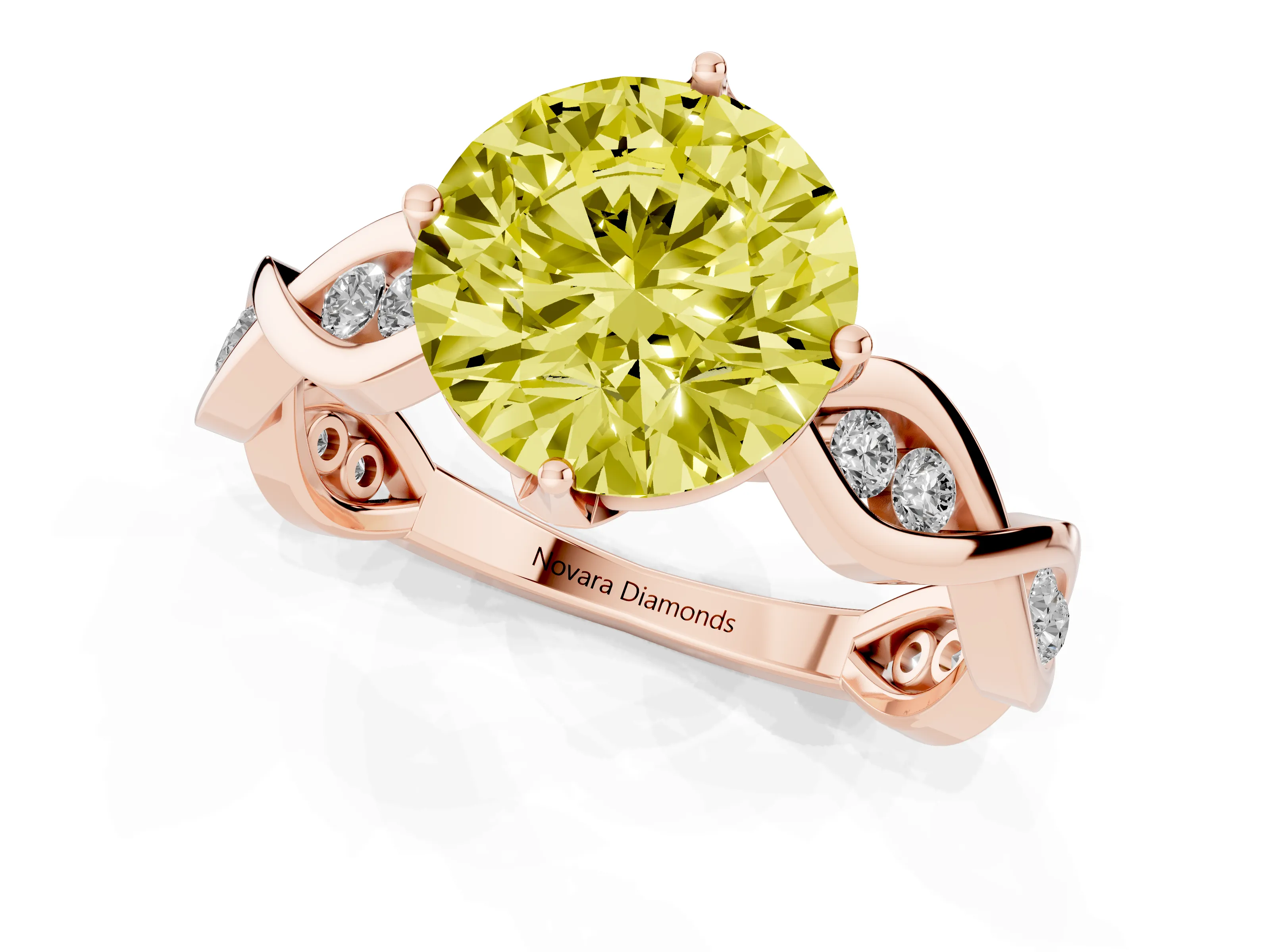 Fancy Yellow Round Cut Diamond Twist Band Solitaire Ring Set in Rose gold with Leaf Prong Setting and Accent Stones