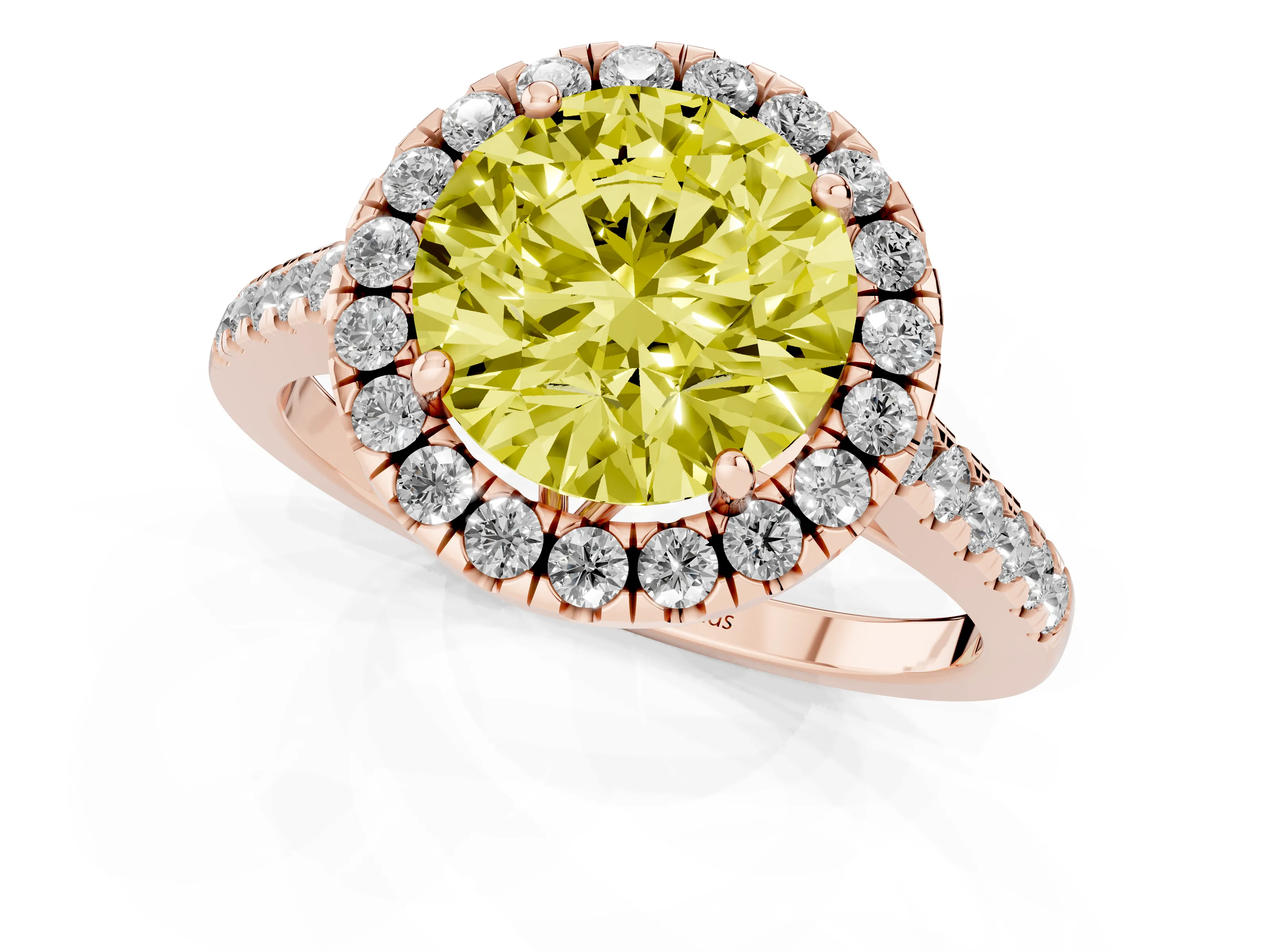 Fancy Yellow Round Cut Diamond Pavé Halo Engagement Ring Set in Rose gold with Pavé Band and Prong Setting