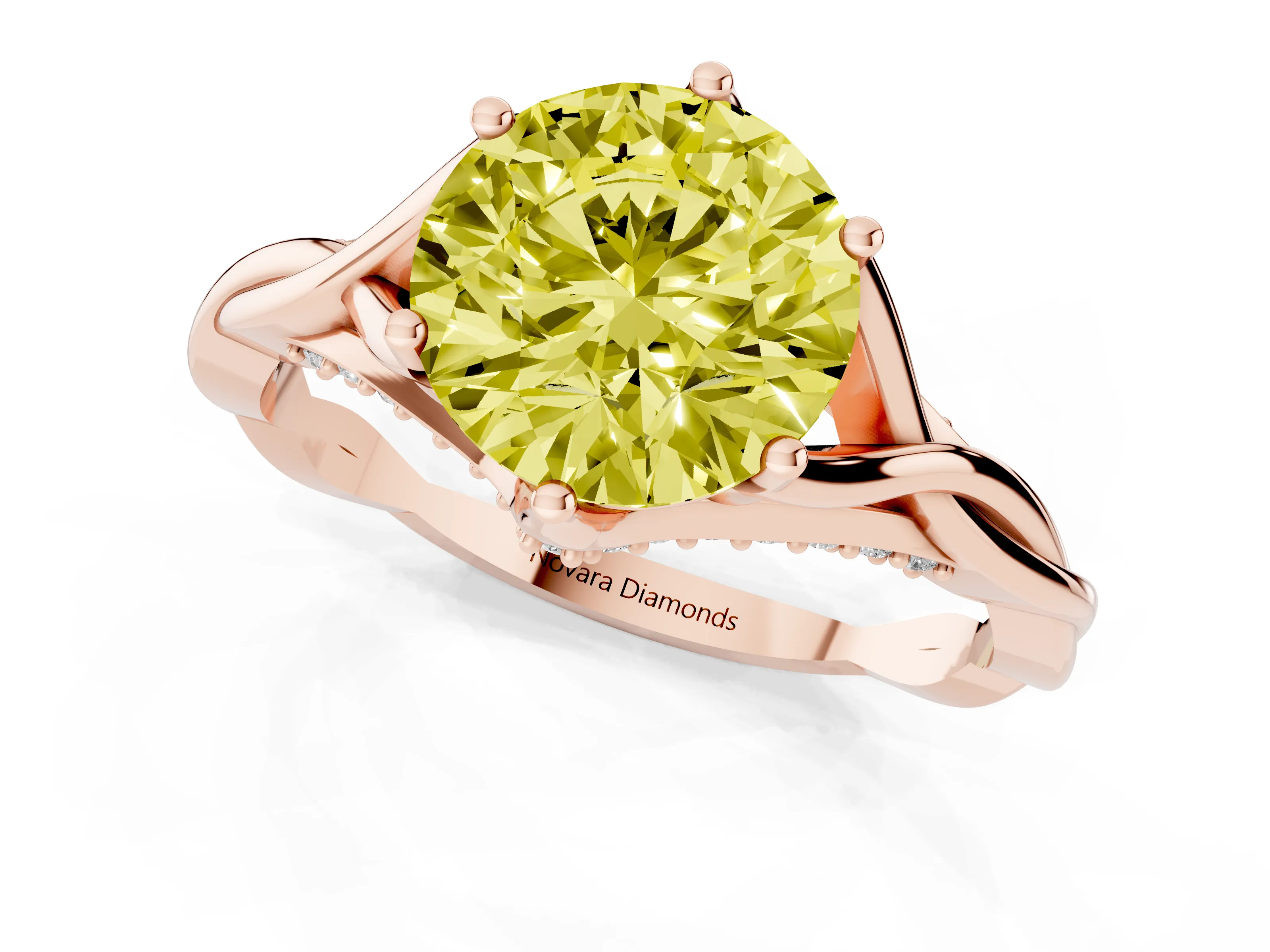 Fancy Yellow Round Cut Diamond Intertwined Twist Band Solitaire Ring Set in Rose gold with Prong Setting