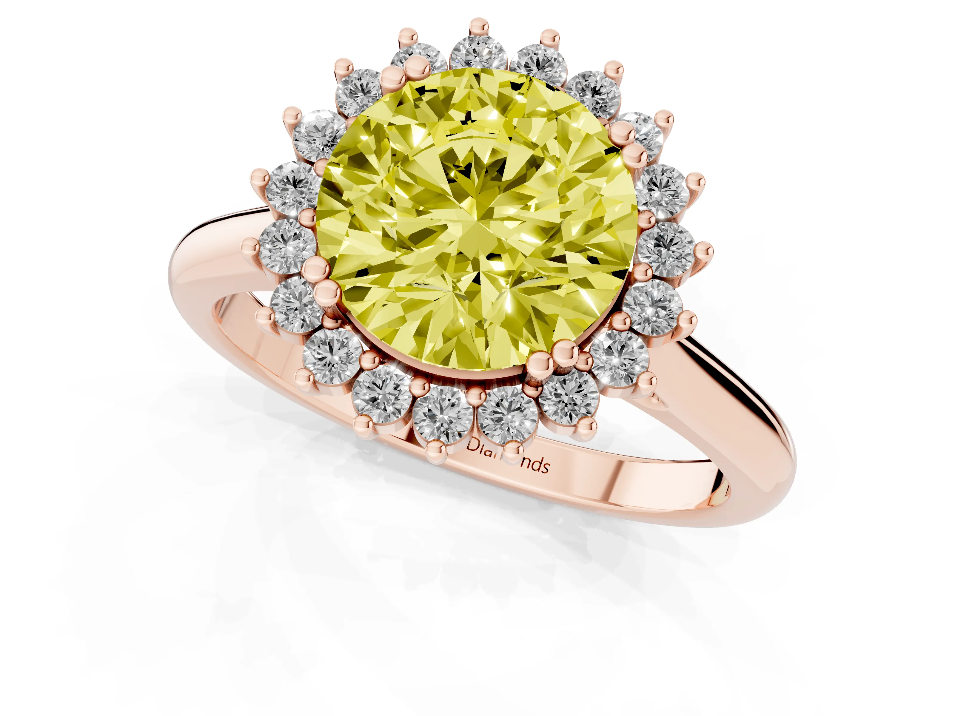 Fancy Yellow Round Cut Diamond Halo Ring Set in Rose gold with Plain Solitaire Band and Prong Setting