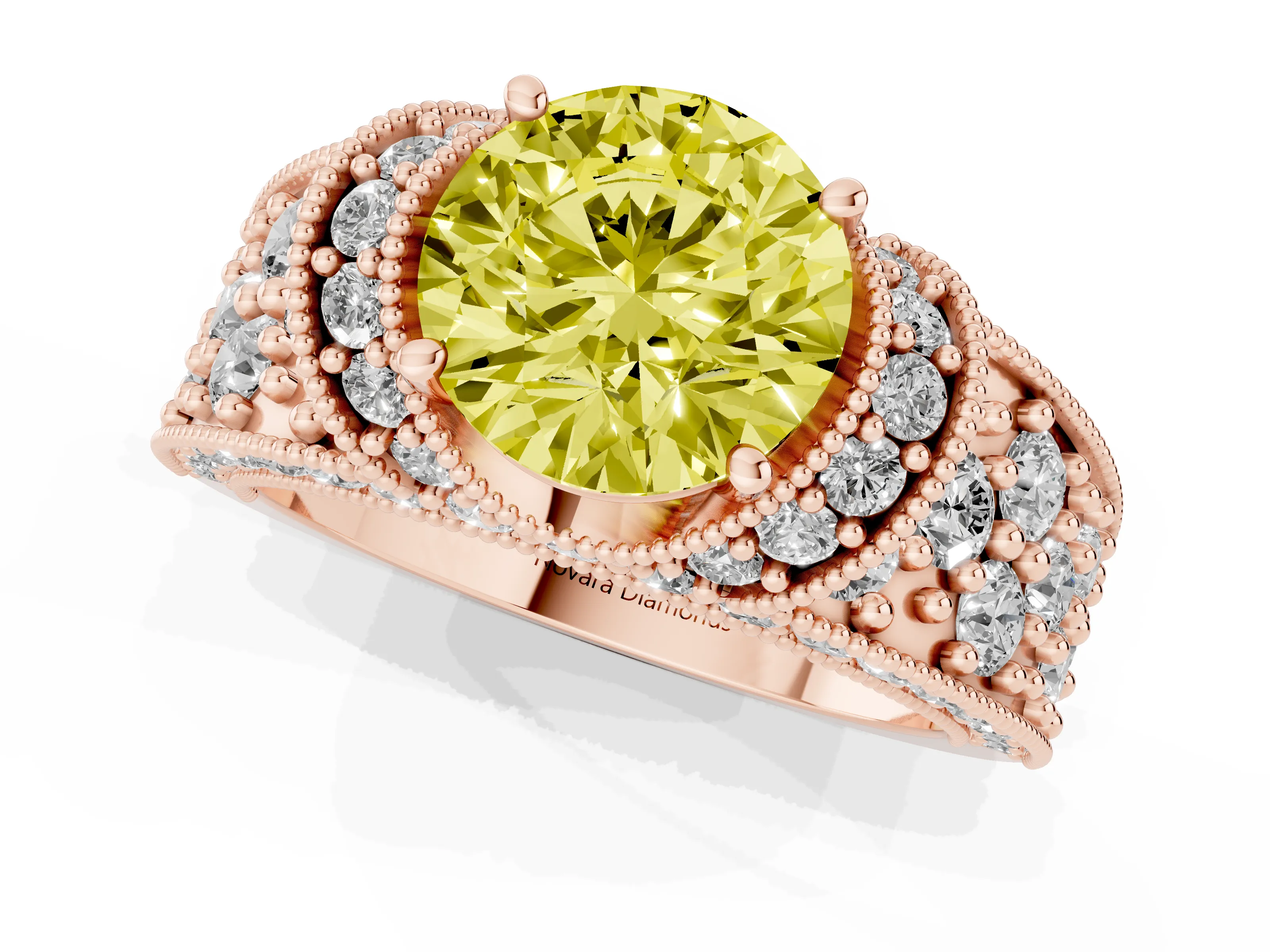 Fancy Yellow Round Cut Diamond Milgrain Halo Pavé Engagement Ring Set in Rose gold with Prong Setting