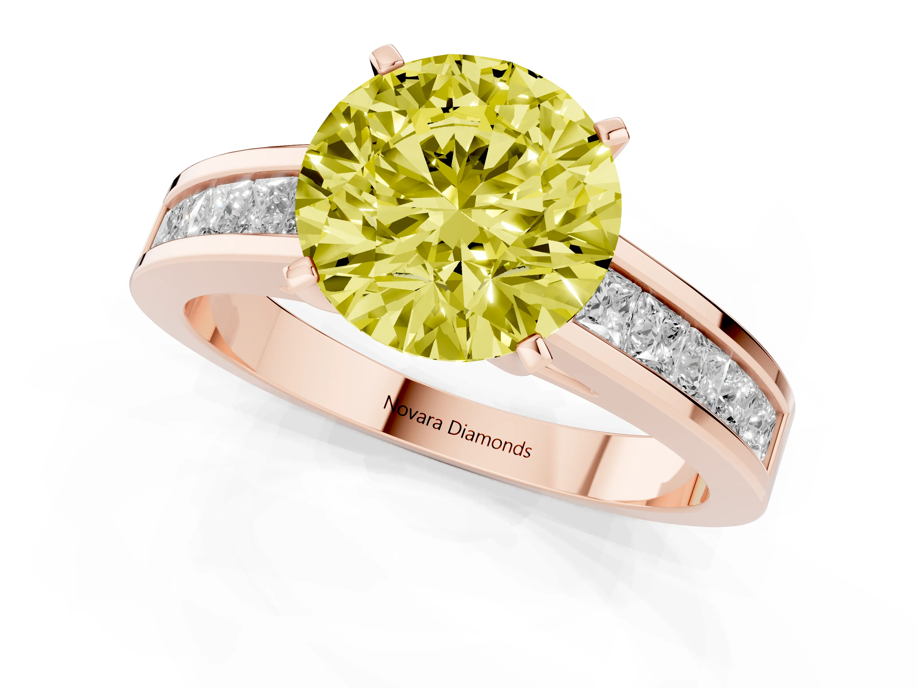Fancy Yellow Round Cut Diamond Solitaire Ring Set in Rose gold with Channel-Set Band and Prong Setting