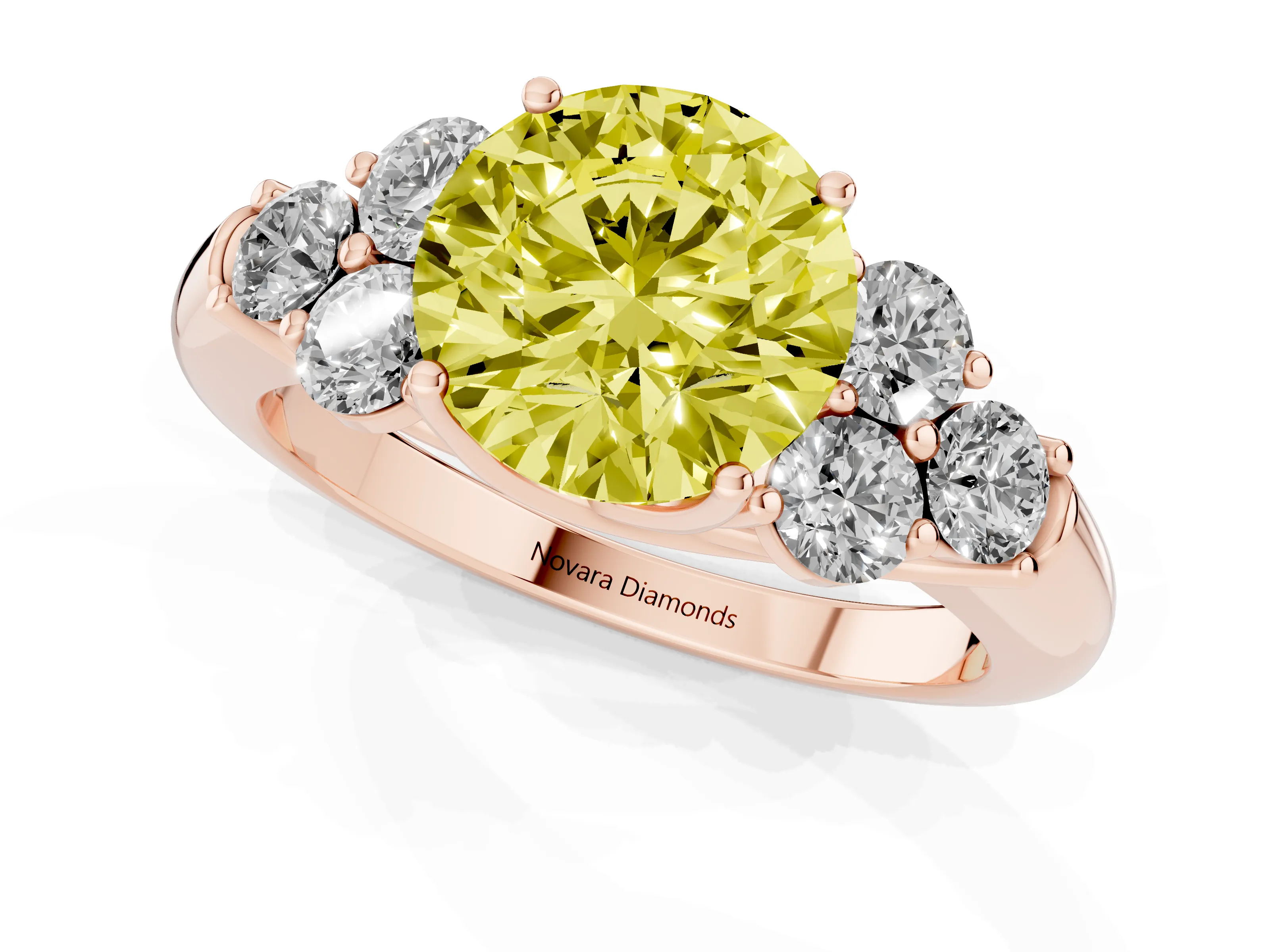 Fancy Yellow Round Cut Diamond Cluster Ring Set in Rose gold with Round Accent Stones and Prong Setting on a Plain Band