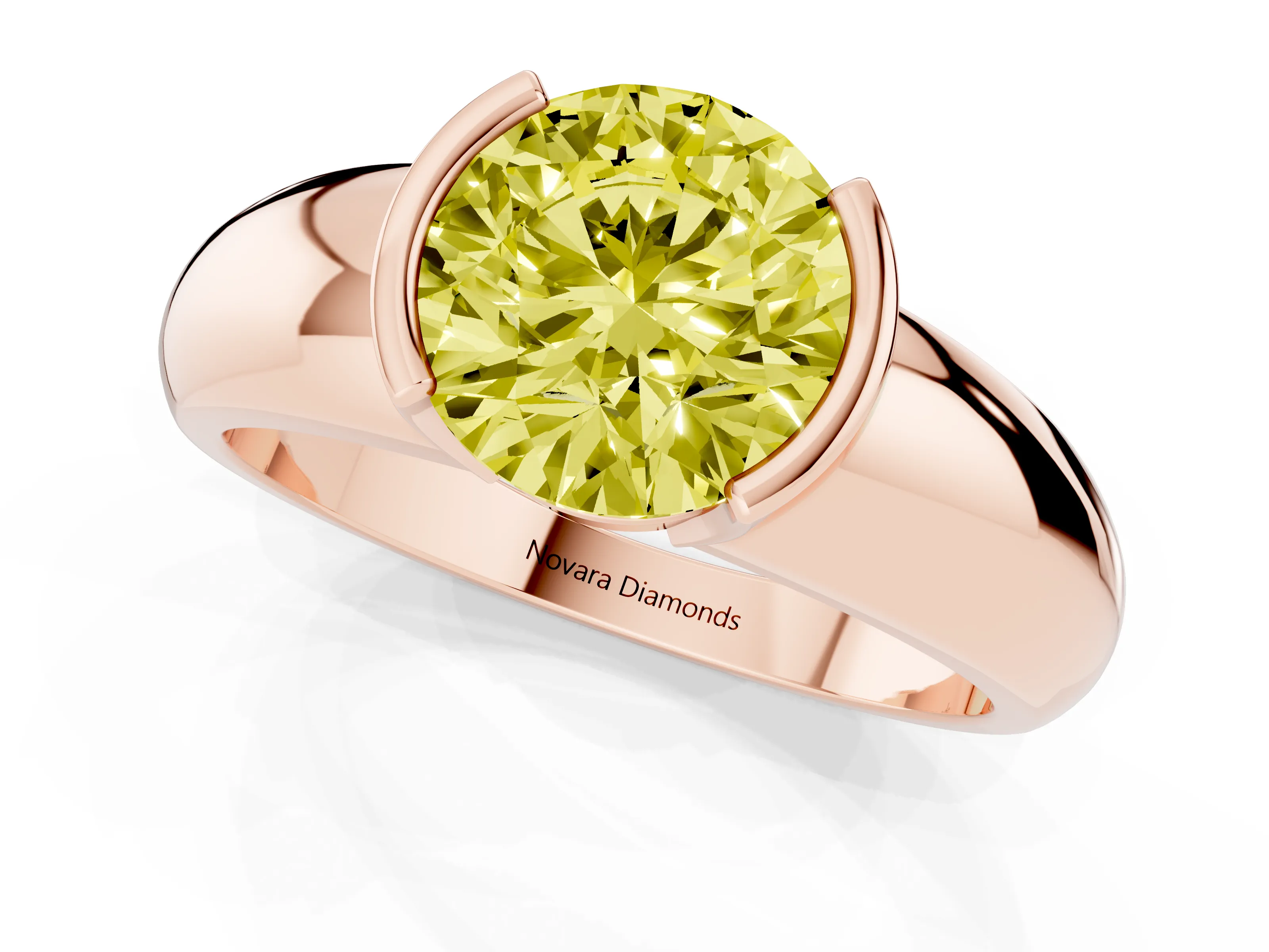 Fancy Yellow Round Cut Diamond Solitaire Tension Set Ring Set in Rose gold with Wide Band
