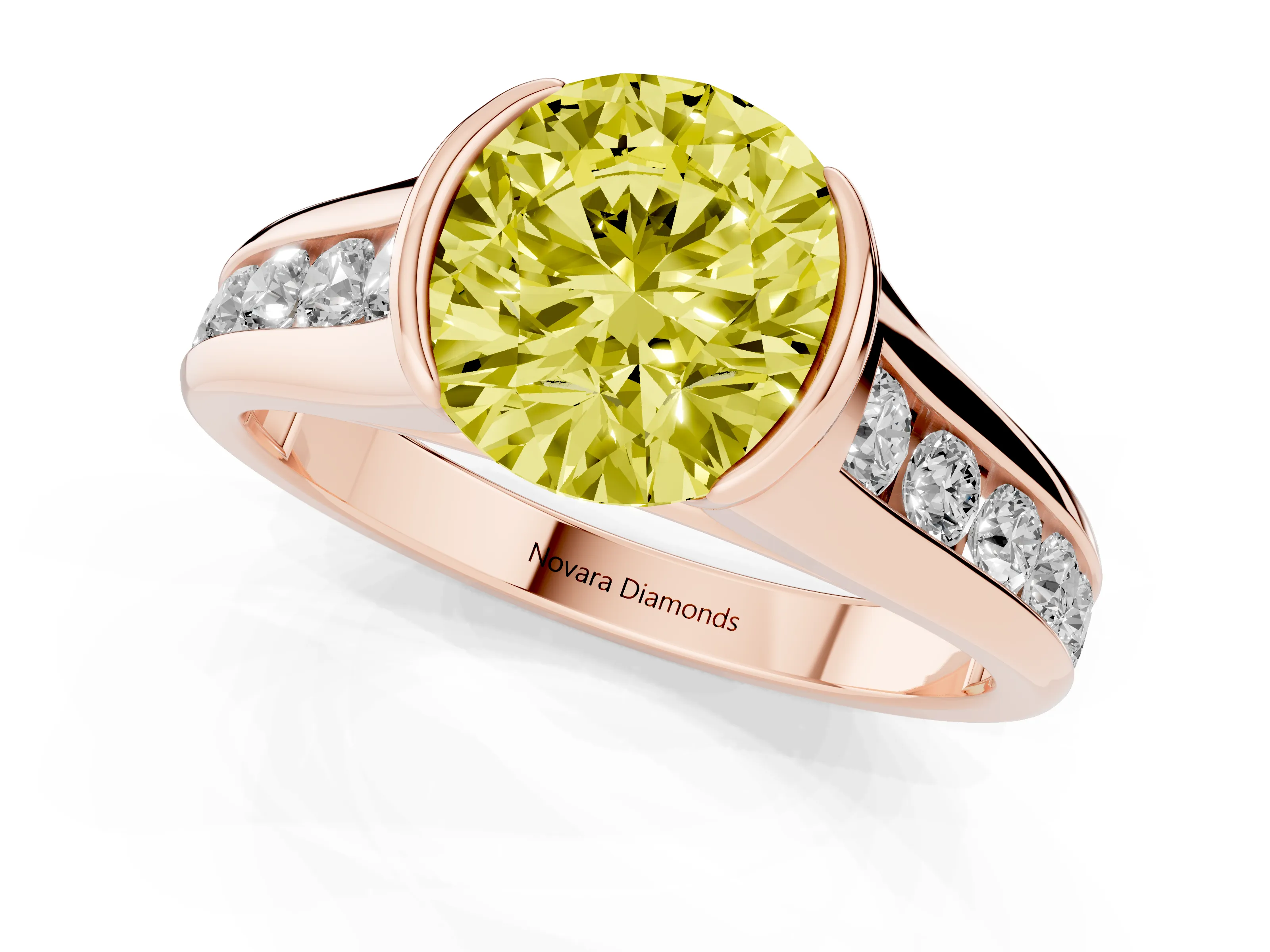 Fancy Yellow Round Cut Diamond Bezel-Set Solitaire Ring Set in Rose gold with Channel-Set Band